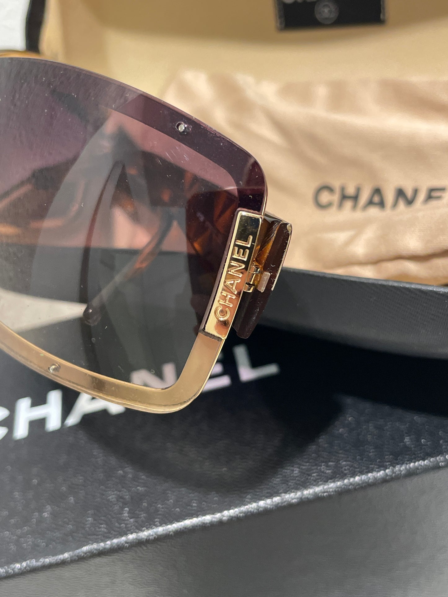 Chanel Vintage Quilted Shield Sunglasses – One Size / Tortoise & Gold