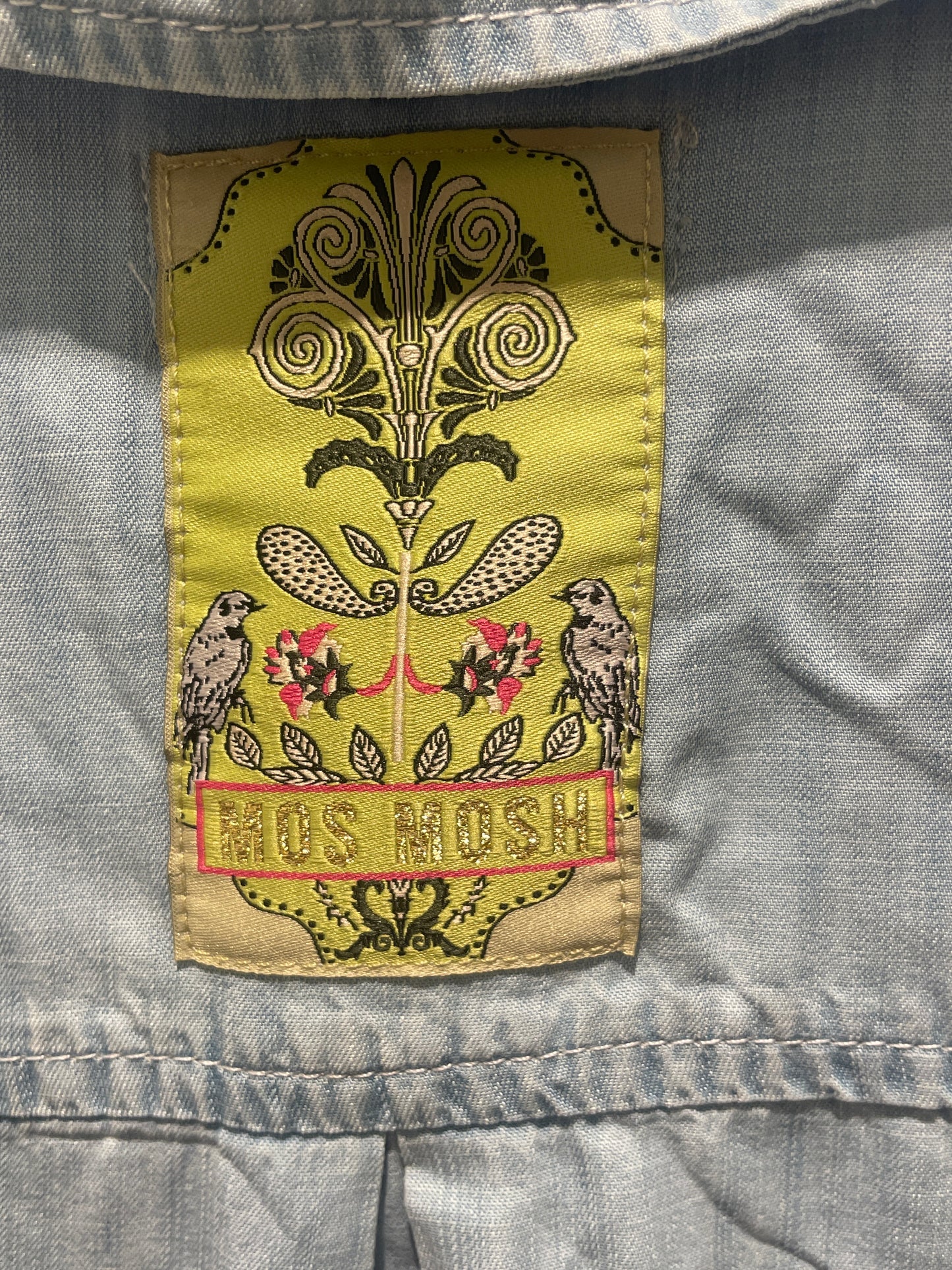 Mos Mosh dress – Light blue tencel shirtdress with embroidered back detail - S