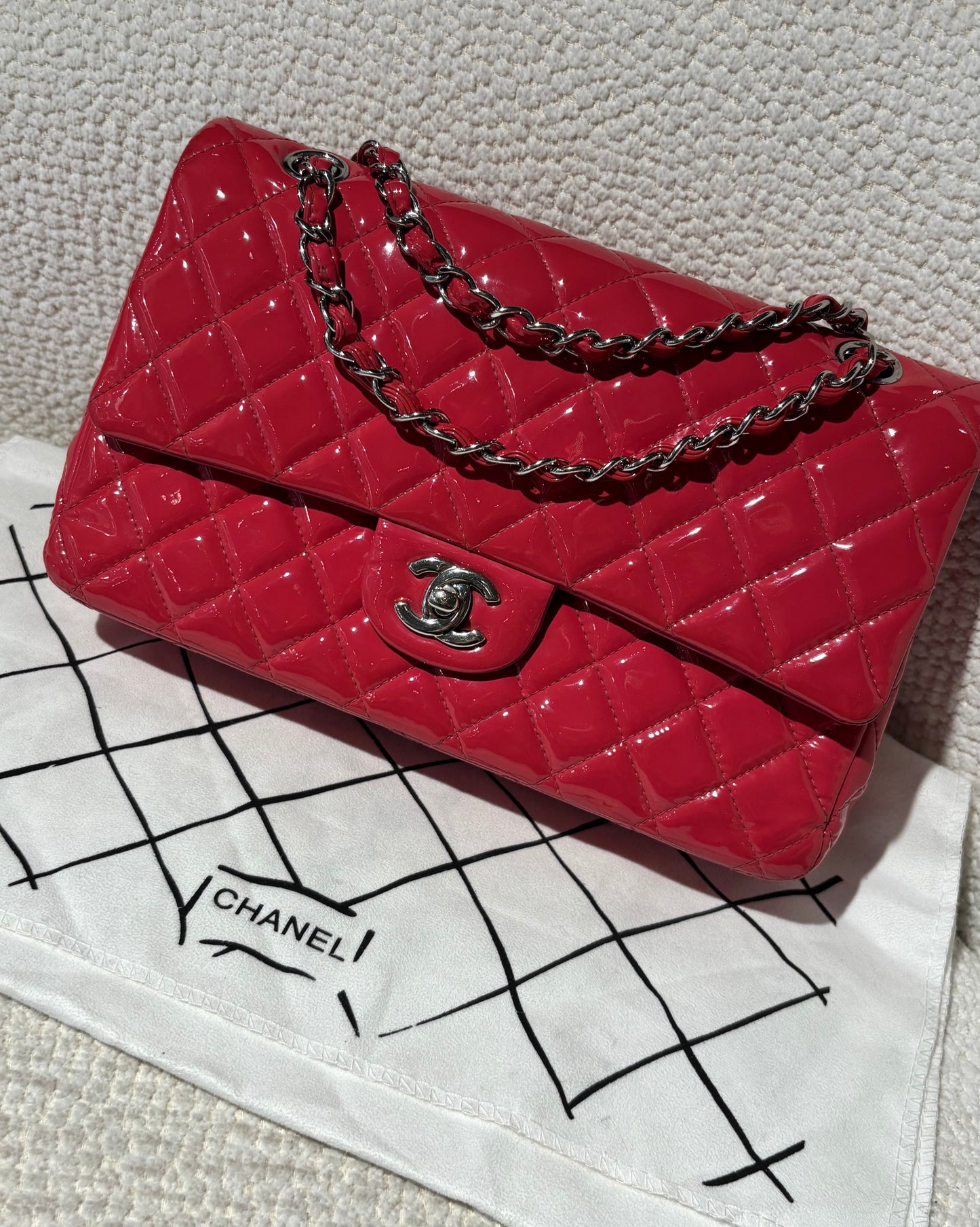 Chanel Flap Bag - Raspberry Patent Leather & Silver Hardware