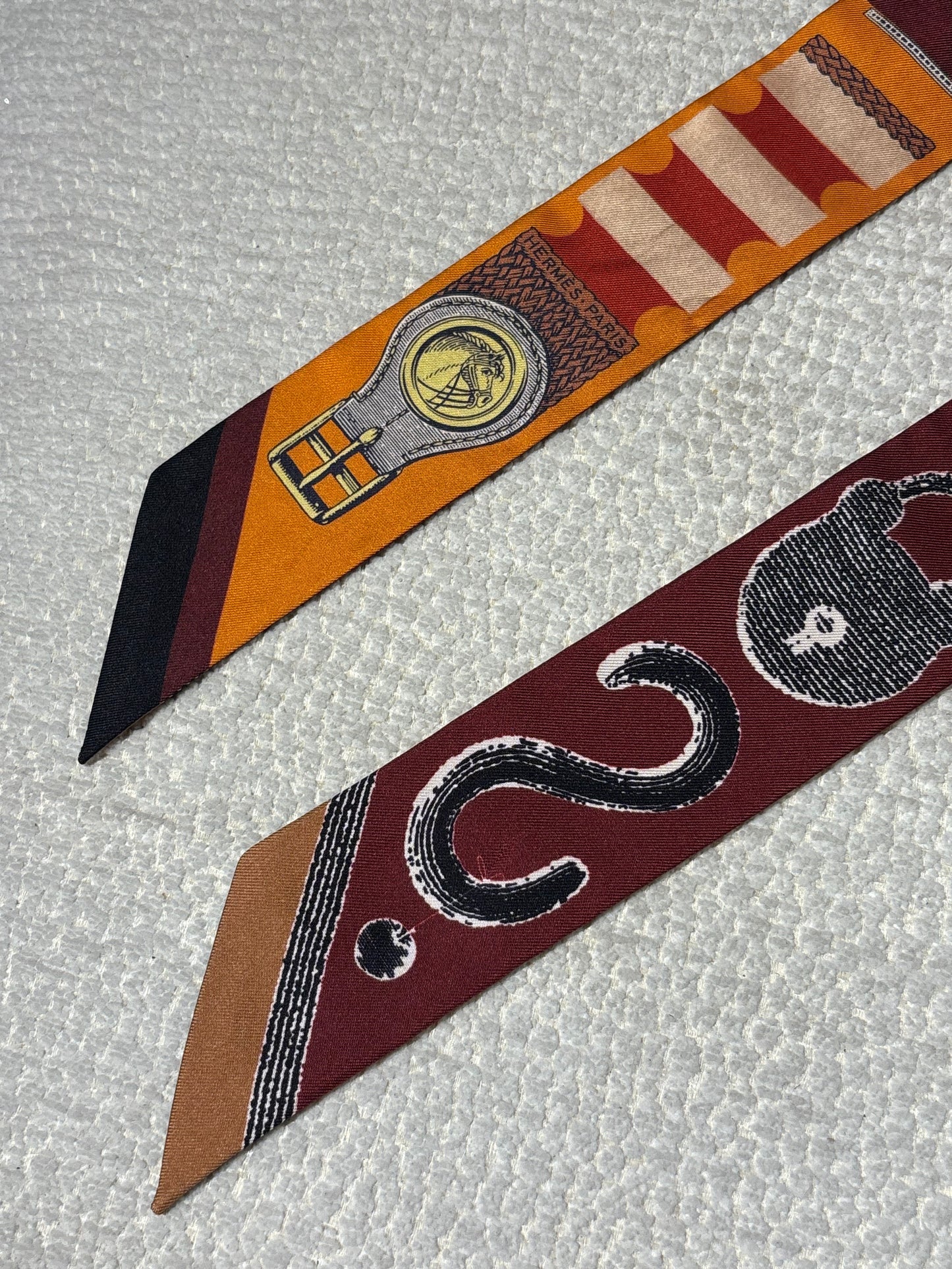 Hermés Silk Twilly - Burgundy & Orange with Horse Motif