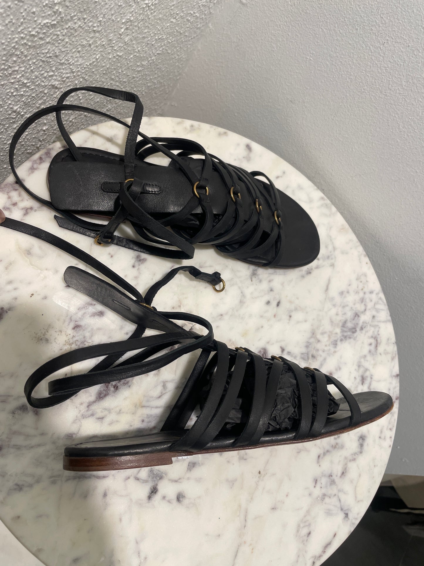 Vintage Yves Saint Laurent YSL Black Leather Lace-Up Gladiator Sandals - 37,5