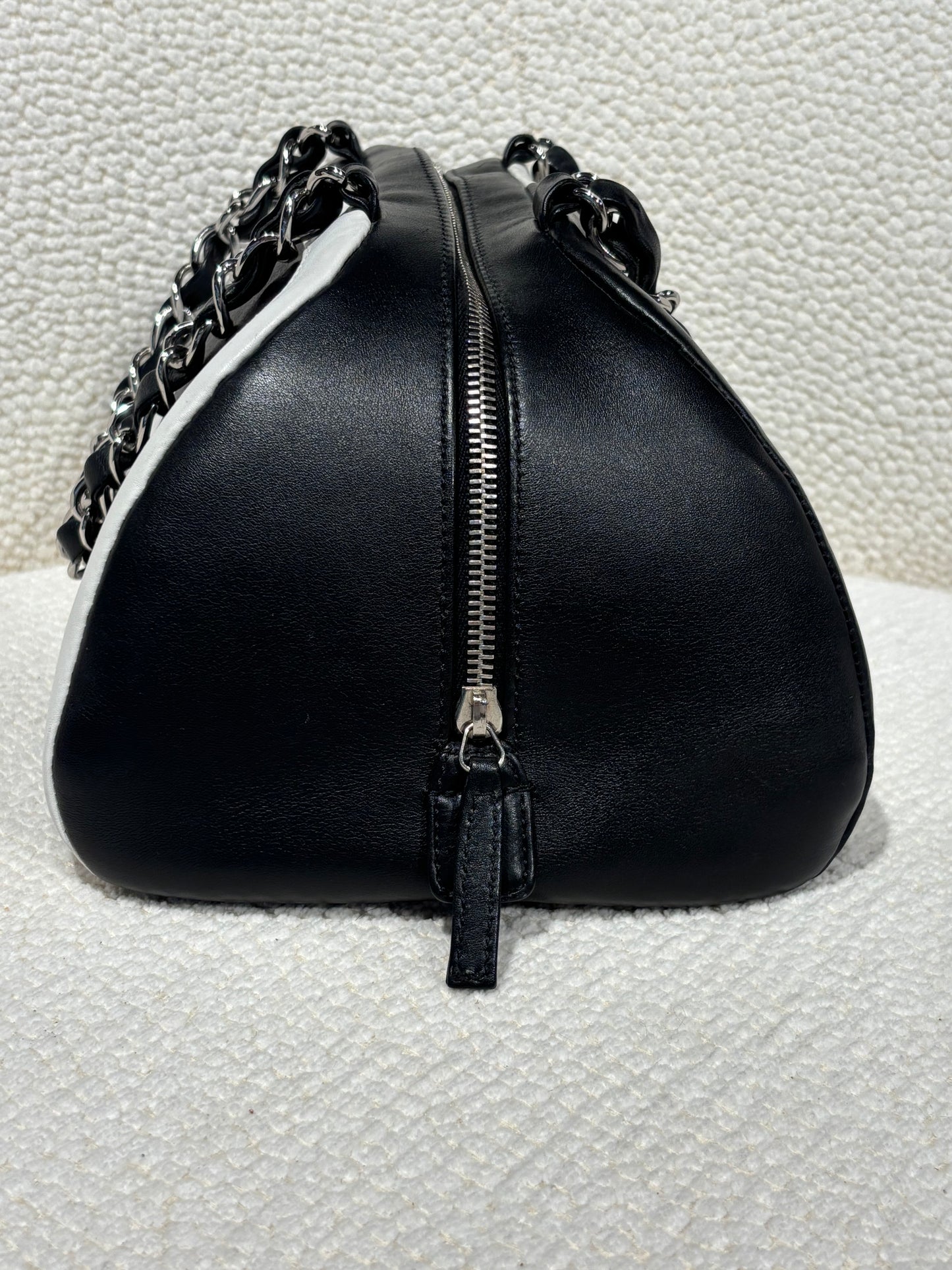 Chanel Bowling Bag –  Bicolor CC Black & White Lambskin with Silver Chain