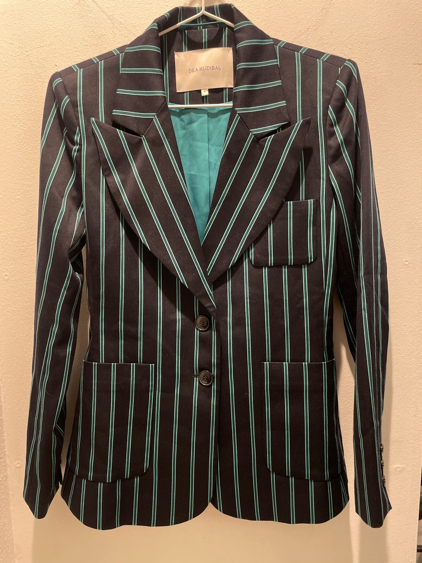 Dea Kudibal — Tailored Black Blazer with Teal Green Pinstripes - S