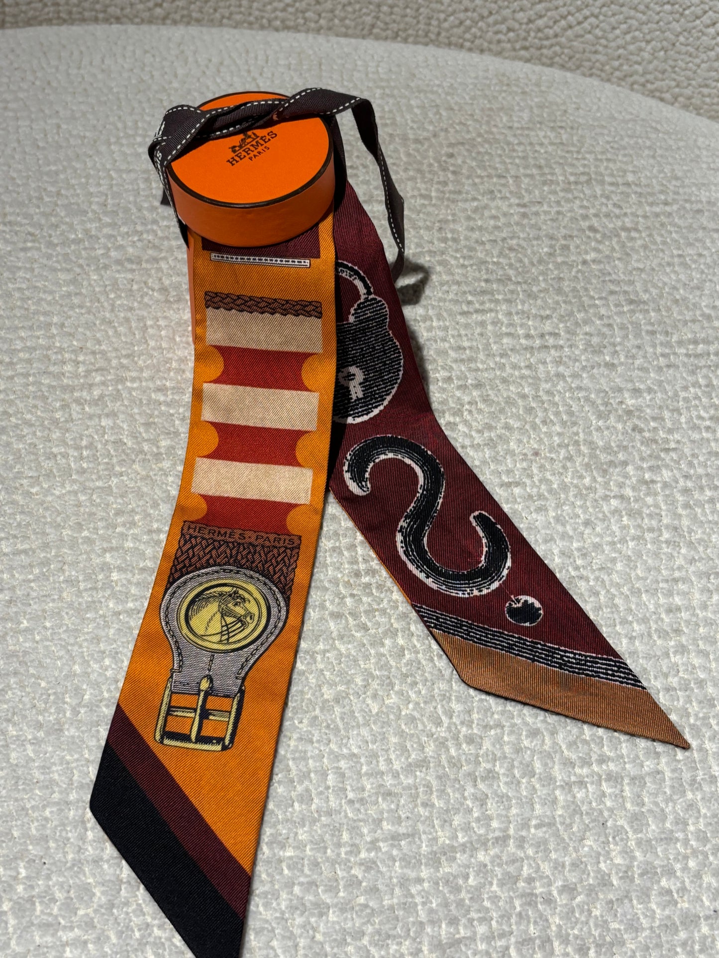 Hermés Silk Twilly - Burgundy & Orange with Horse Motif