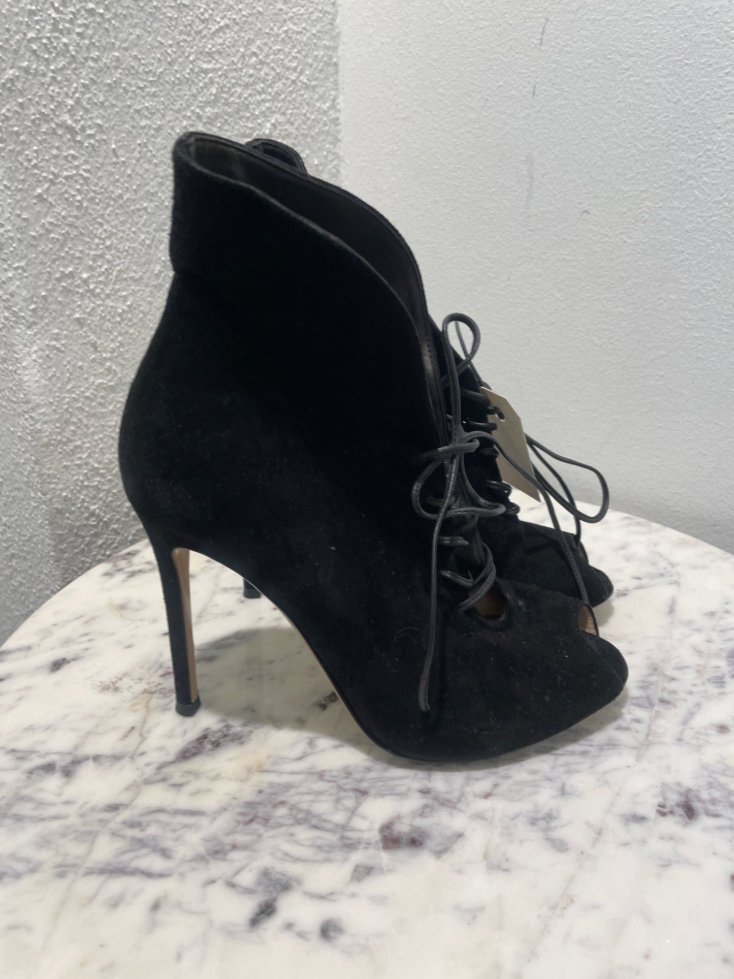 Gianvito Rossi Black Suede Lace-Up Peep-Toe Booties - 36