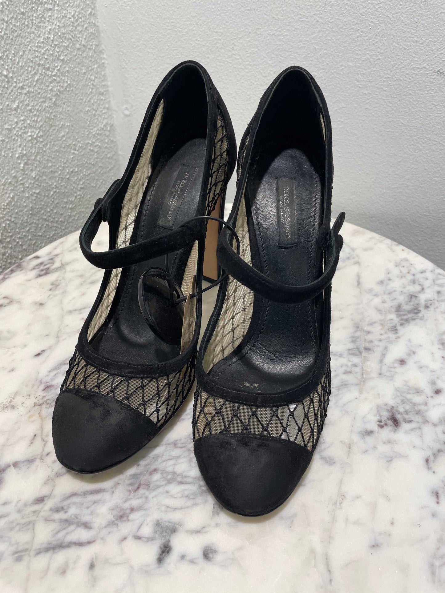 Dolce & Gabbana Black Suede & Telinha Mesh Mary-Jane Block Heels - 38