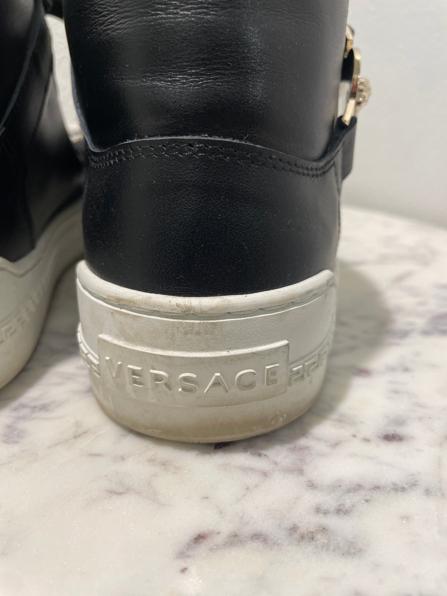 Authentic Versace Black Leather Medusa Head High-Top Sneakers - 36