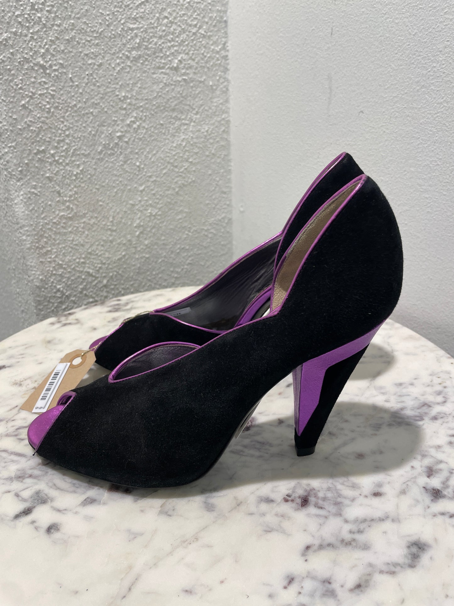 Vintage Dolce & Gabbana Black Suede Peep-Toe Pumps with Purple Heel Accents - 38