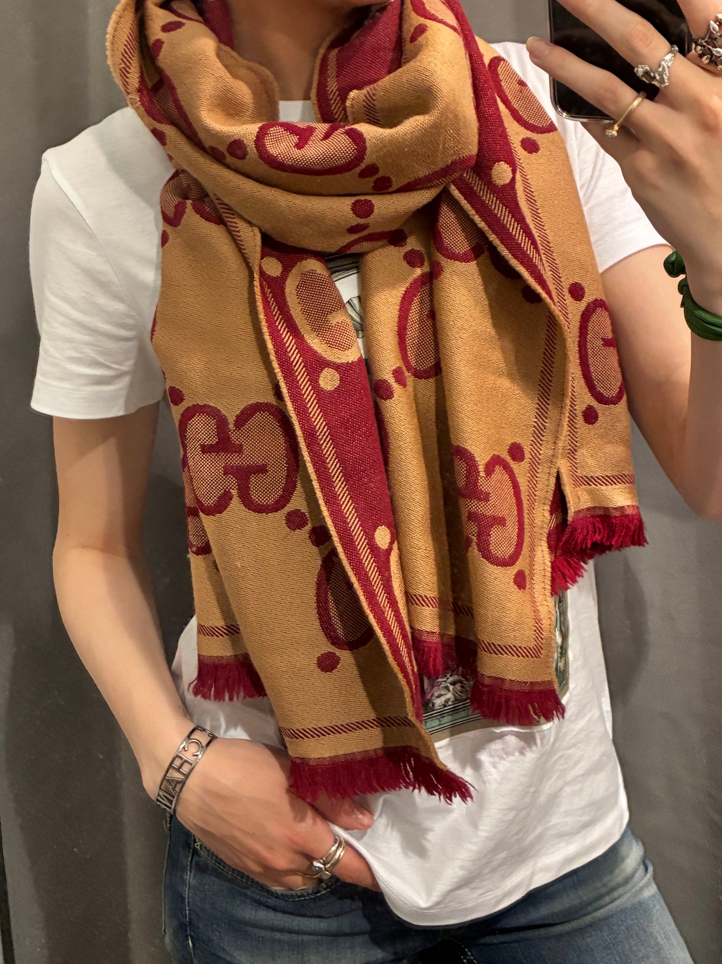 Gucci Monogram Scarf - Cashmere - Camel & Burgundy