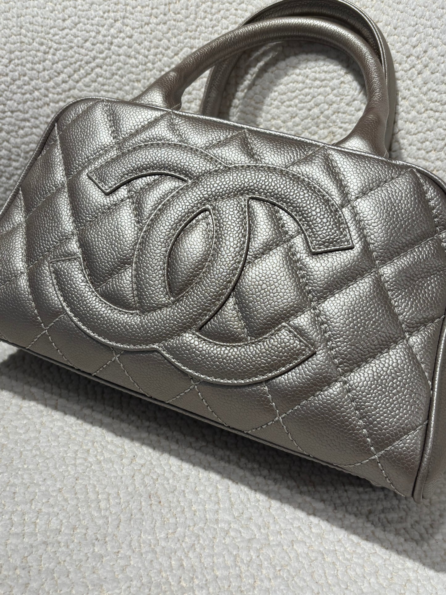 Chanel Boston Bag – Silver Caviar Leather & Silver Hardware