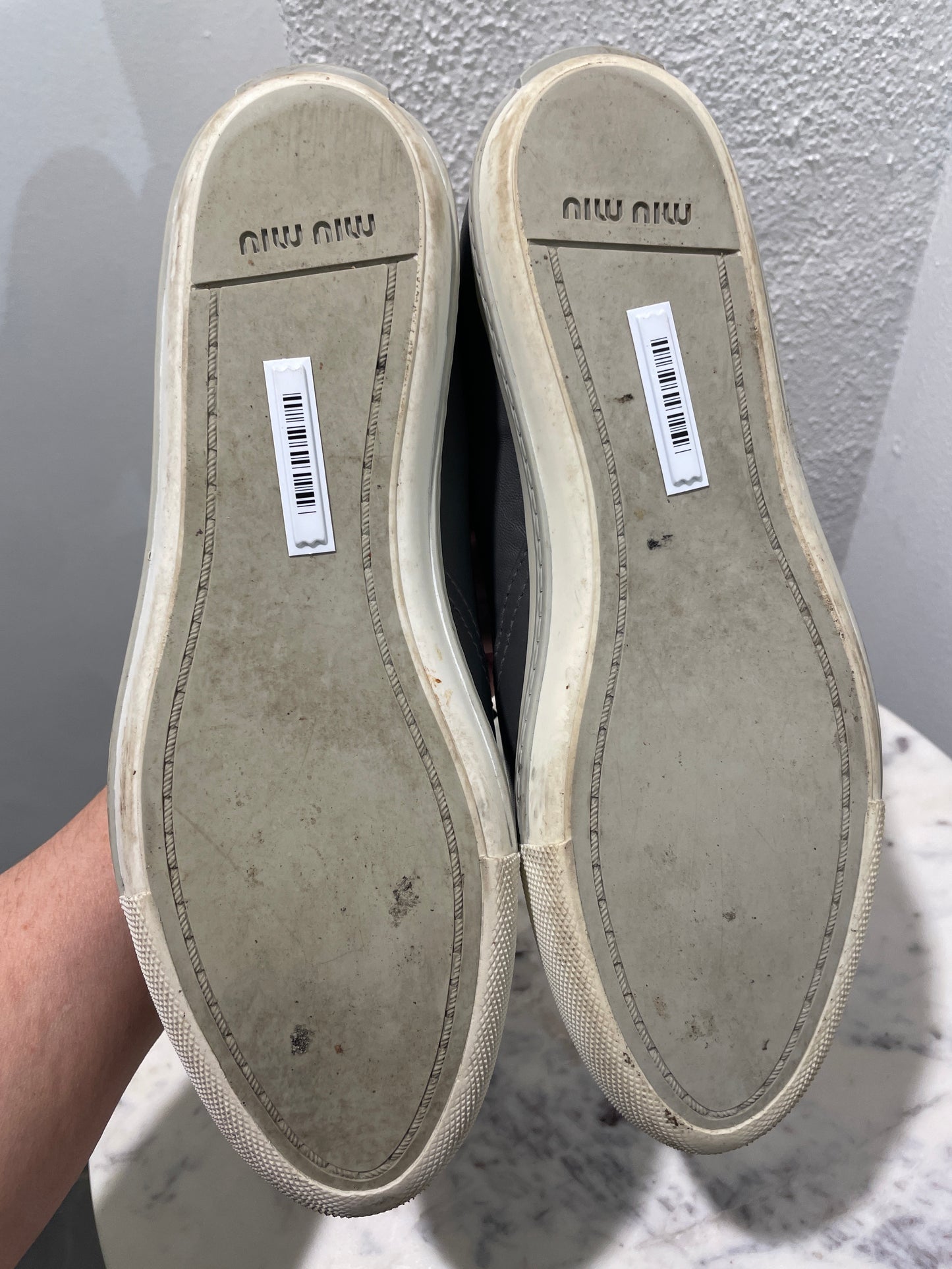 Authentic Miu Miu Grey Leather Metal Cap-Toe Slip-On Sneakers - 39