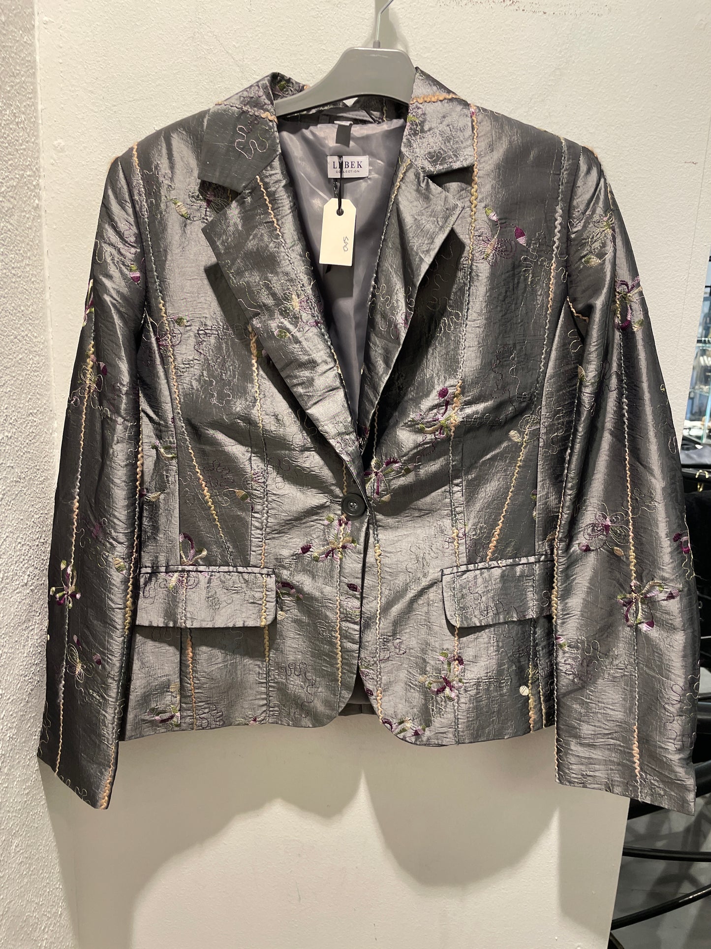 Vintage Lebek Embroidered Silk Blazer Jacket – Metallic Grey / Floral – Boxy fit - EU40