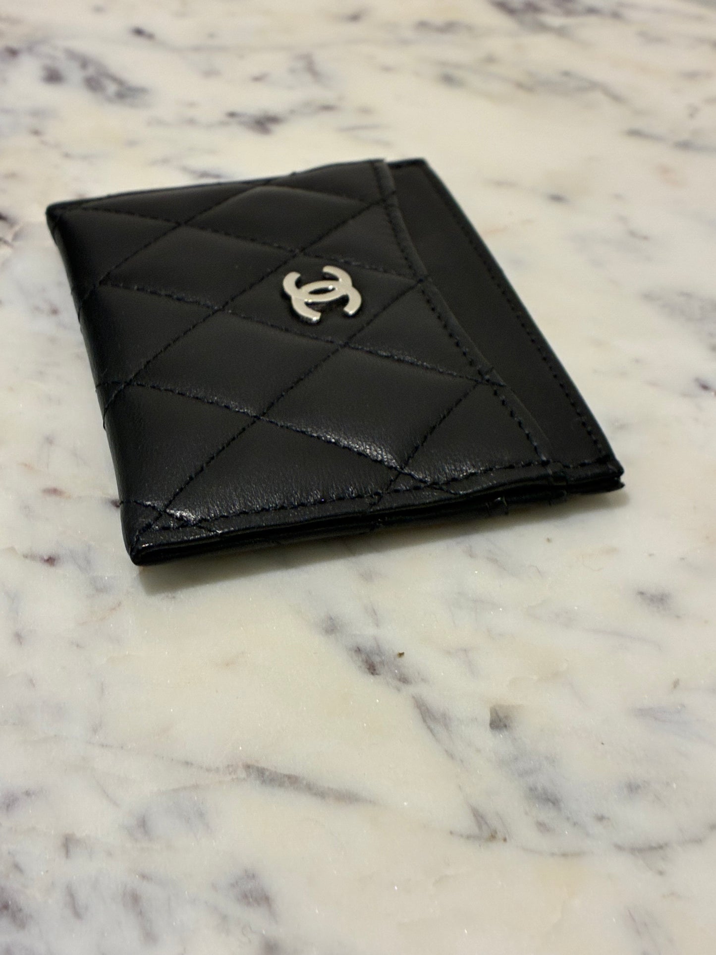 Chanel Cardholder - Black Lamsbkin & Silver Logo