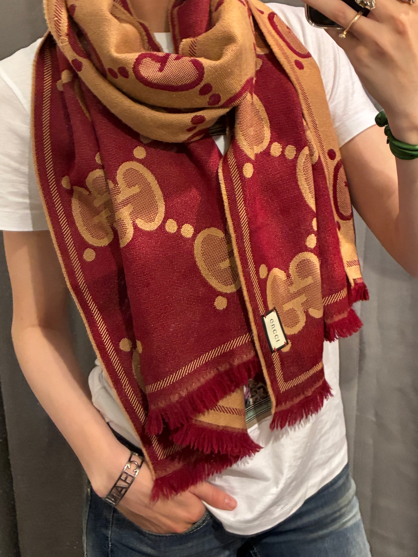 Gucci Monogram Scarf - Cashmere - Camel & Burgundy