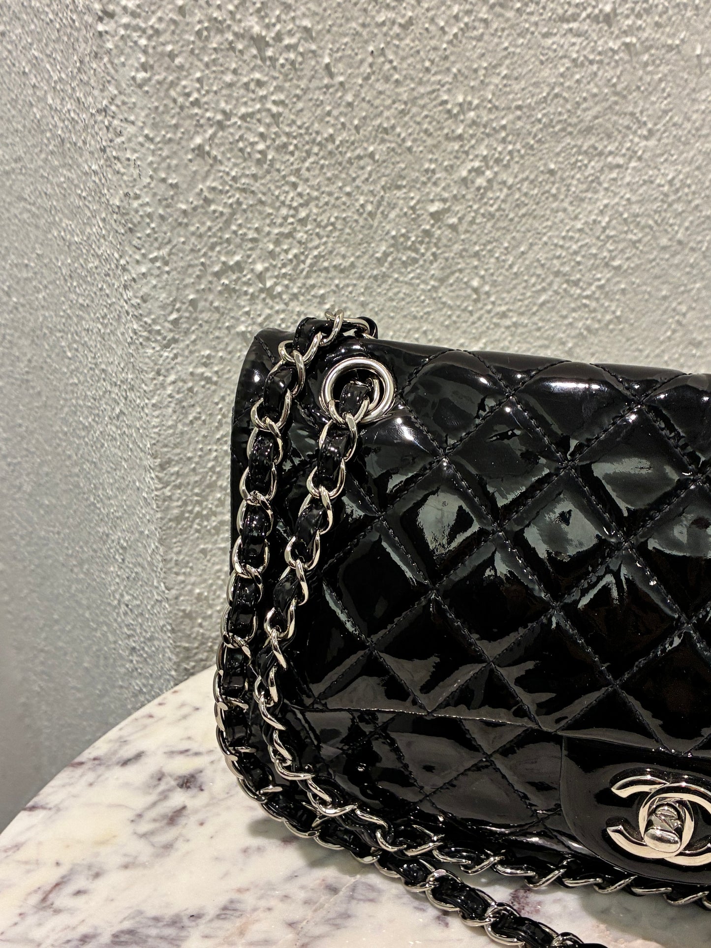 Chanel Medium Single Flap – Black Patent Leather & Silver Hardware