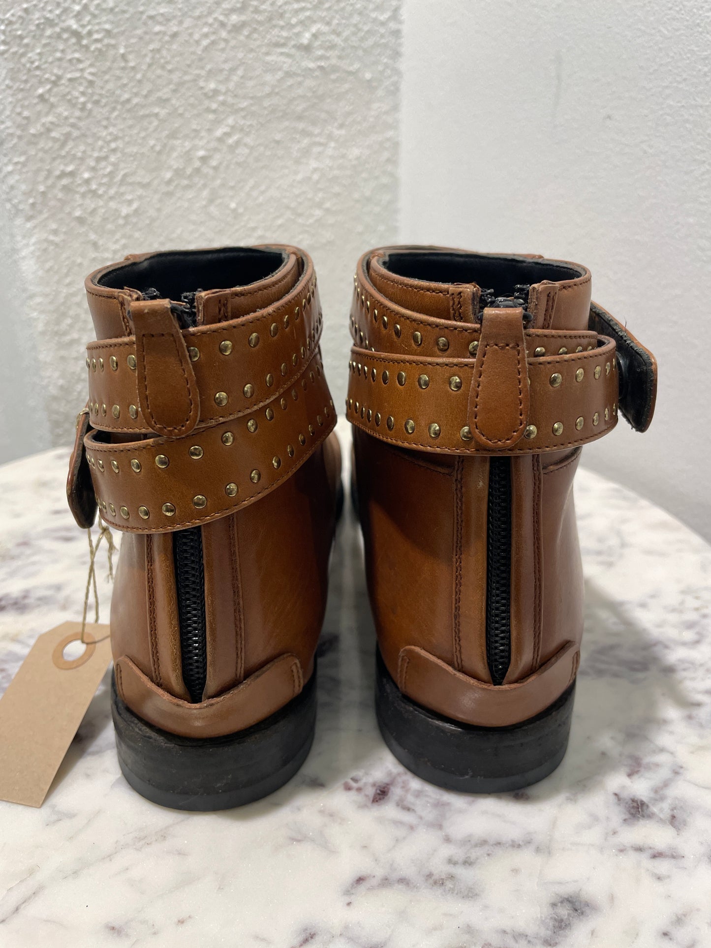 Vintage Balenciaga Cognac Tan Leather Studded Ankle Boots - 37,5