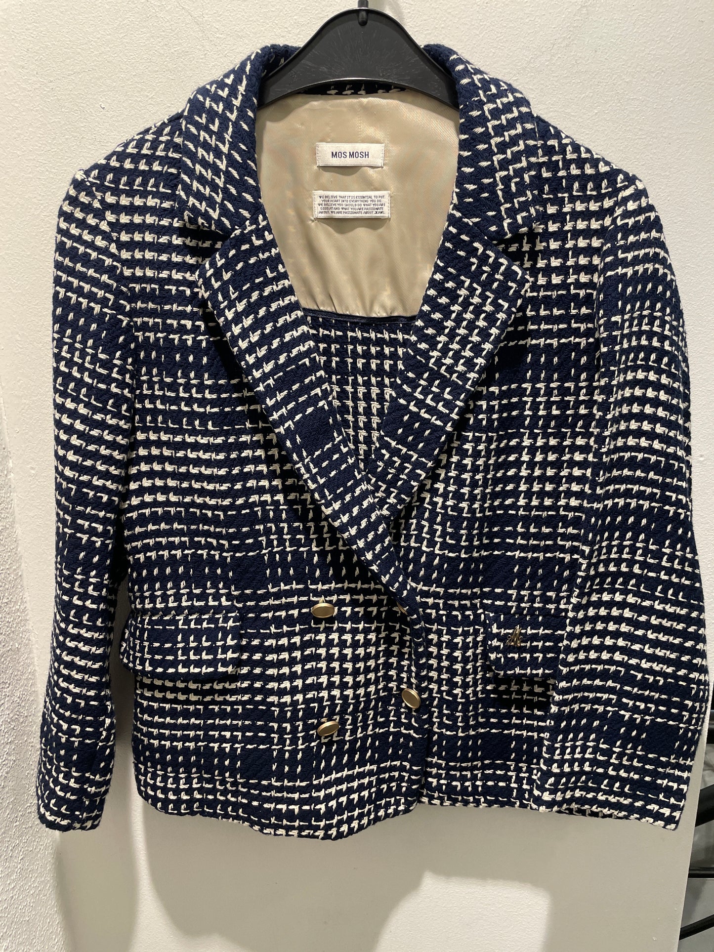 Mos Mosh Double-Breasted Tweed Blazer Jacket – Navy Blue / Cream – EU44