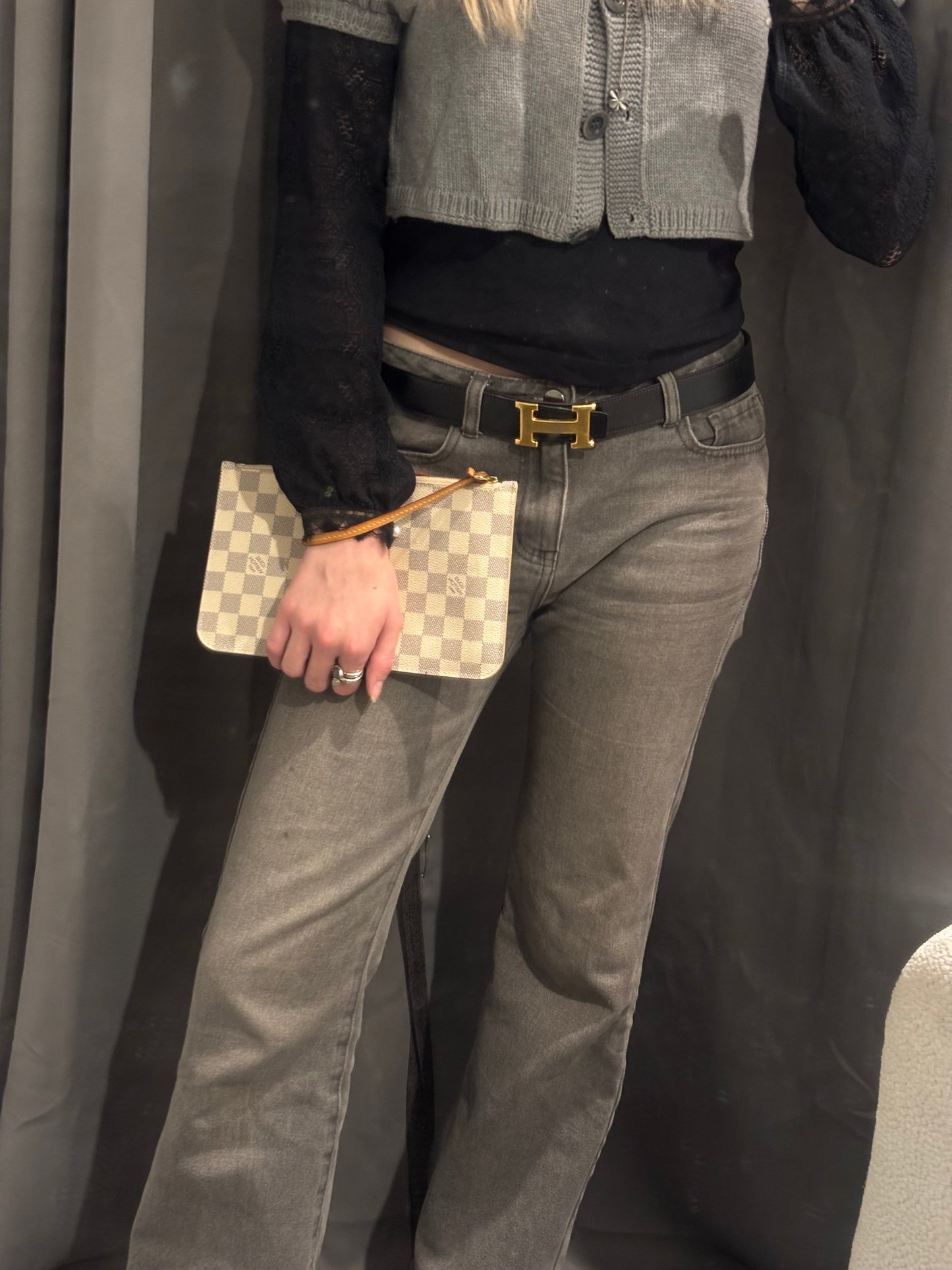 Louis Vuitton Clutch - Damier Logo Print - Ecru Canvas & Brown Leather