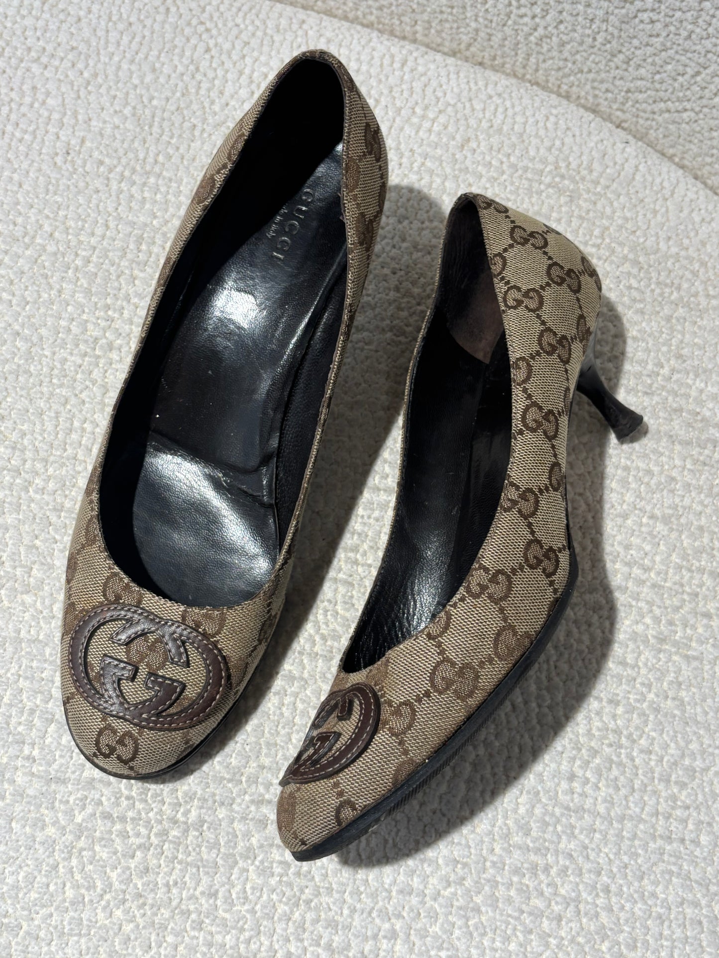 Gucci Kitten Heels - Beige Monogram & Brown Logo - EU 38.5C