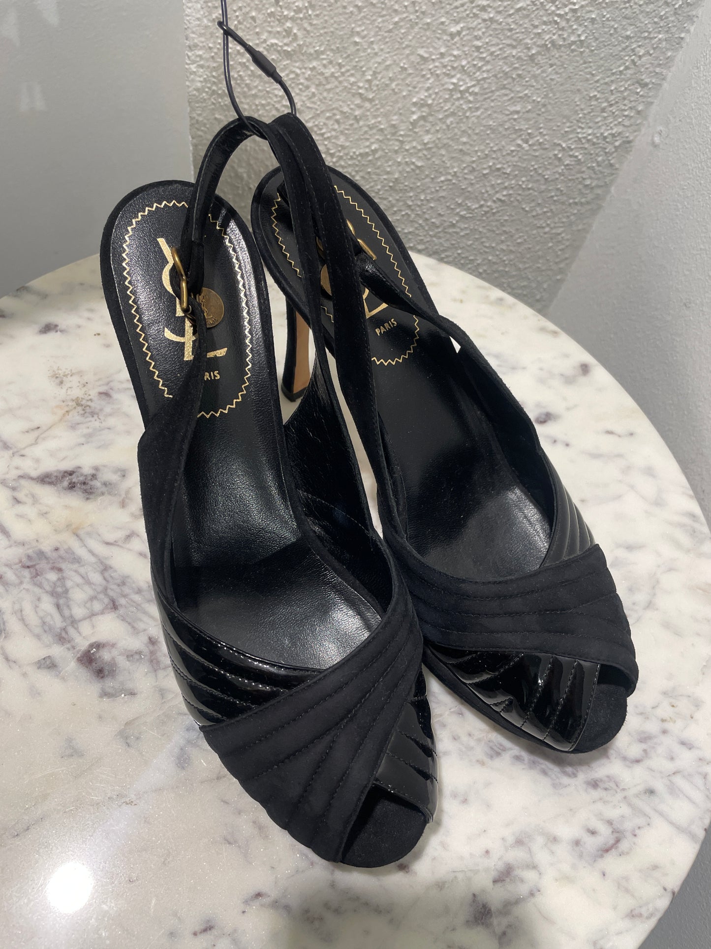 Vintage Yves Saint Laurent YSL Black Suede & Patent Leather Slingback Platform Heels - 39,5