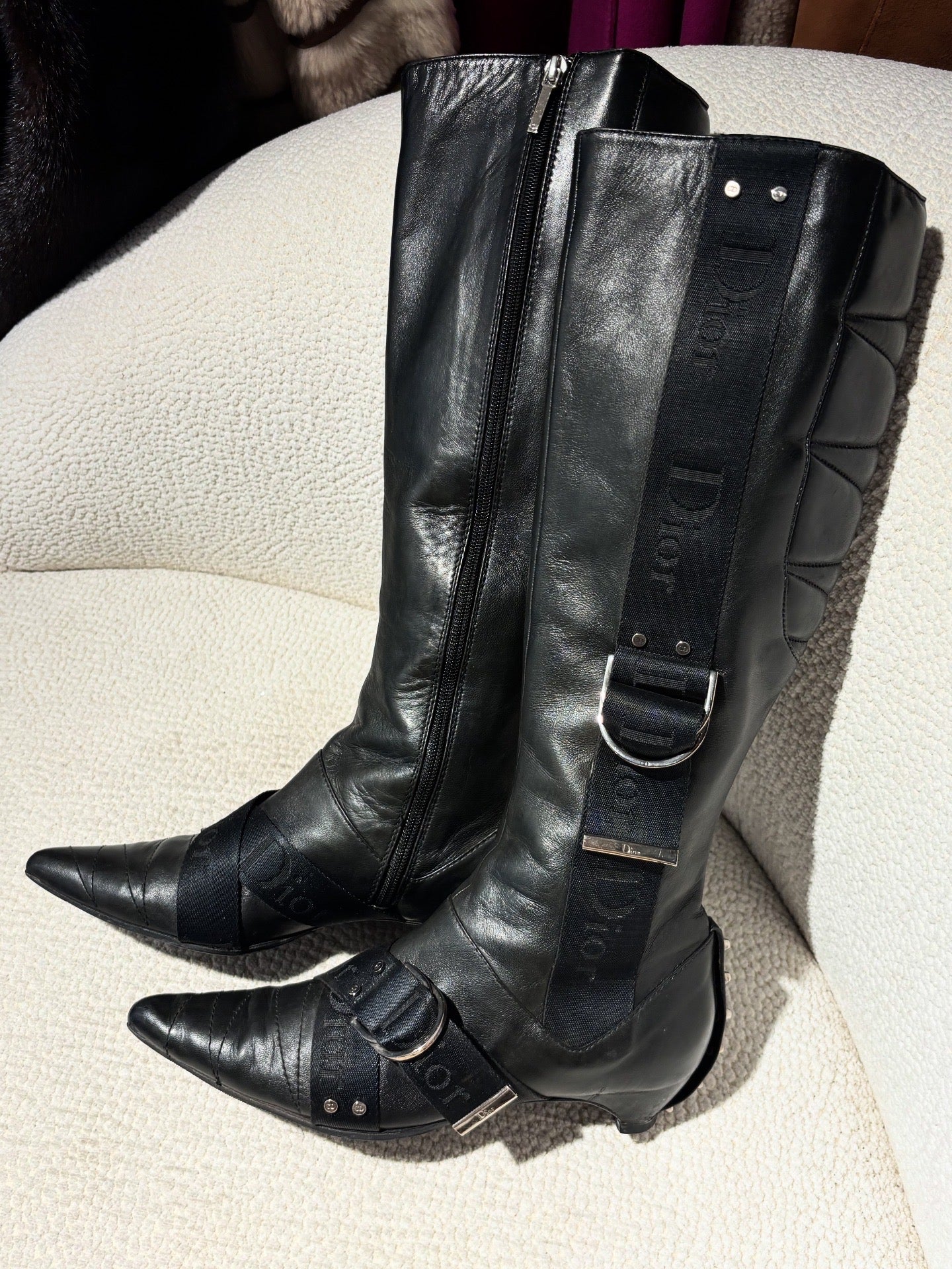 Dior Knee-High Boots – Black Leather with Logo Straps & Stud Details – EU 38