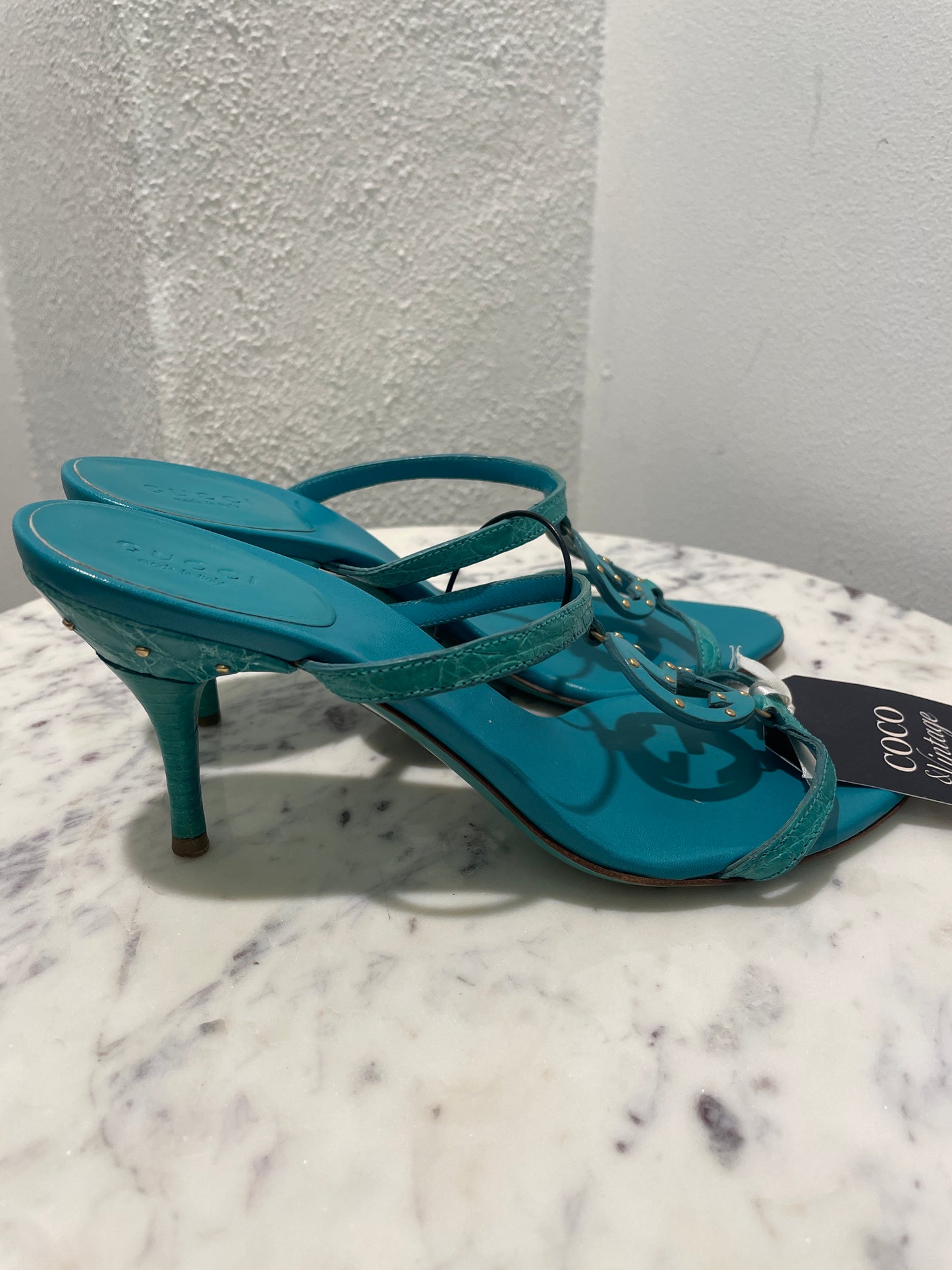 Gucci Turquoise Interlocking GG Studded Crocodile-Embossed Mule Sandals - 37,5 C