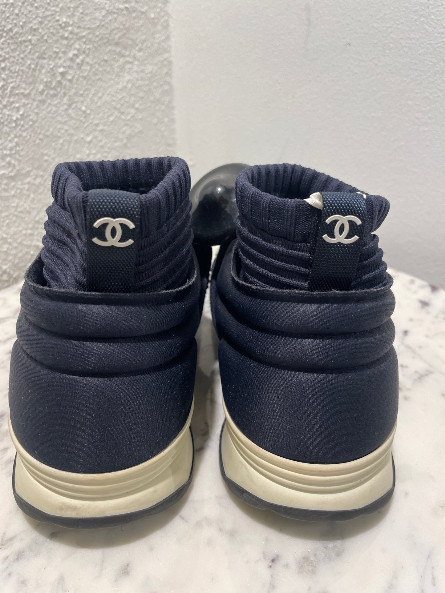 Chanel Navy Blue Knit High-Top Sock Sneakers - 38