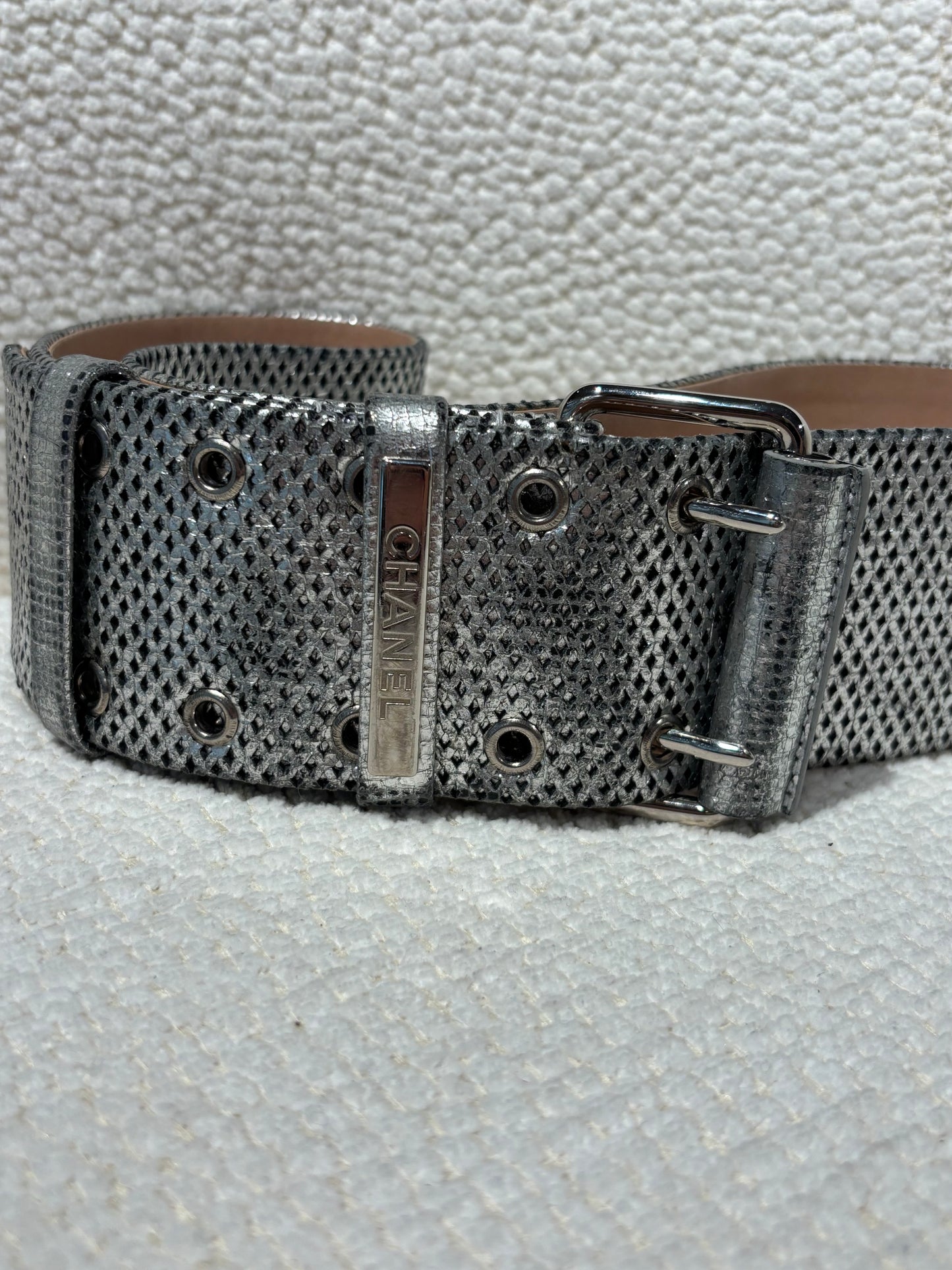 Chanel Belt – Silver Leather with Perforated Detail