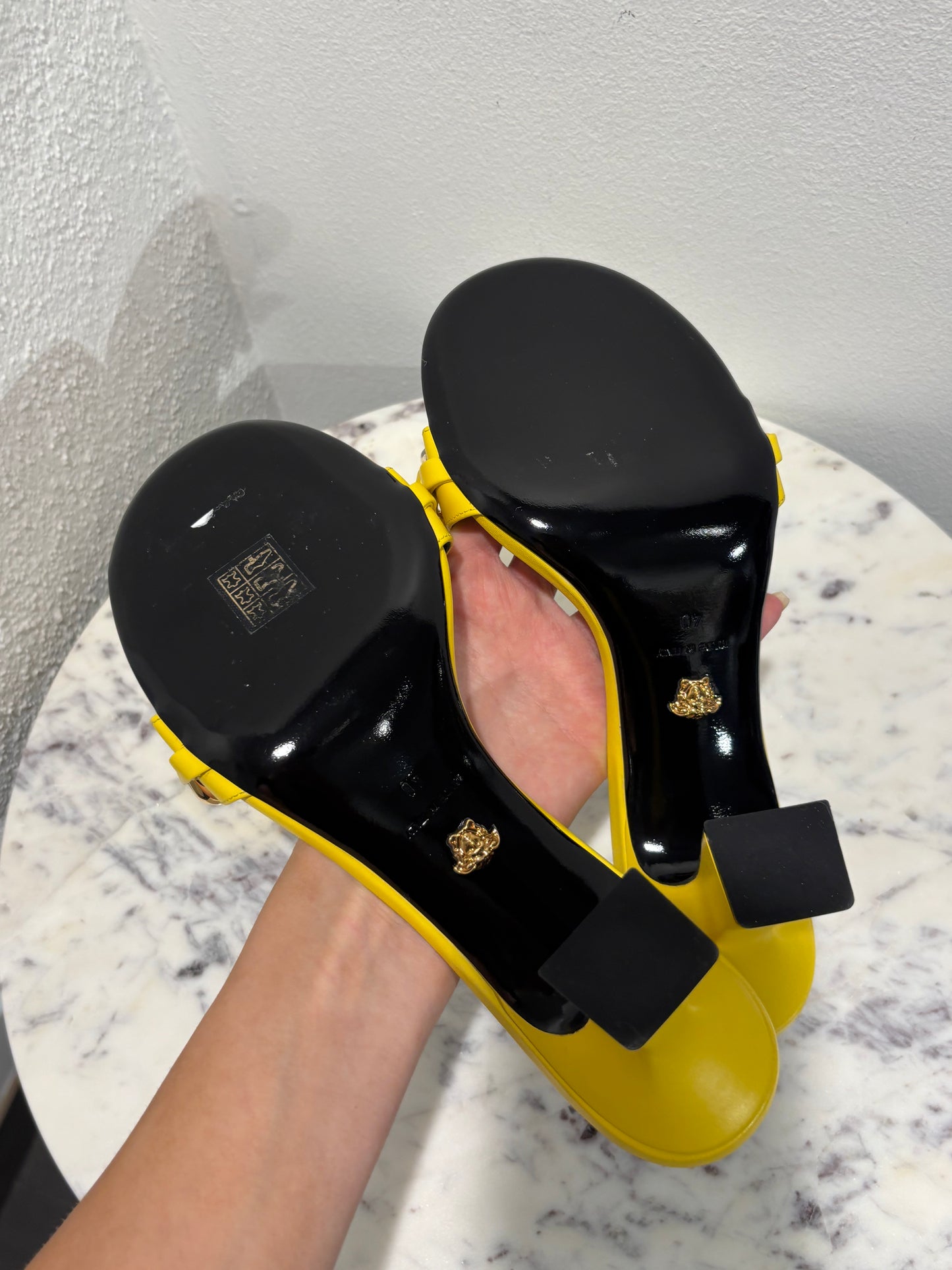 Versace Heeled Sandals - Yellow With Gold Chain - Size 40