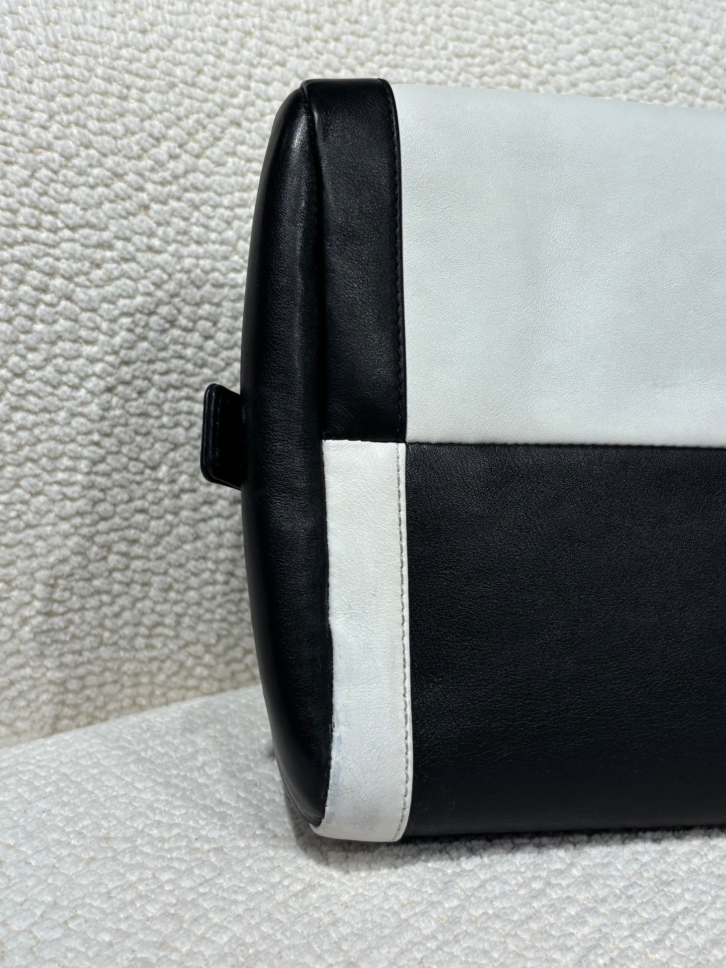 Chanel Bowling Bag –  Bicolor CC Black & White Lambskin with Silver Chain