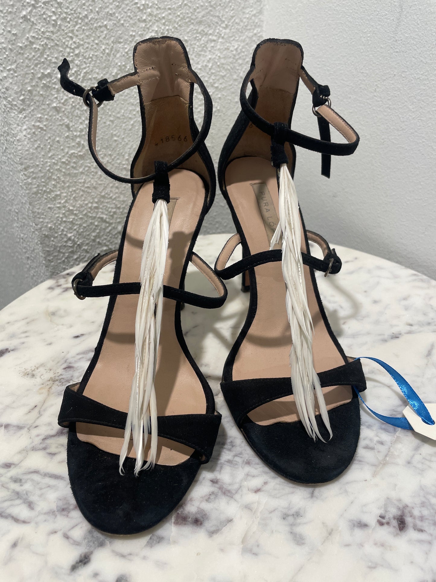 Pura López – Statement Black Suede Sandals with White Feather Detail - 37