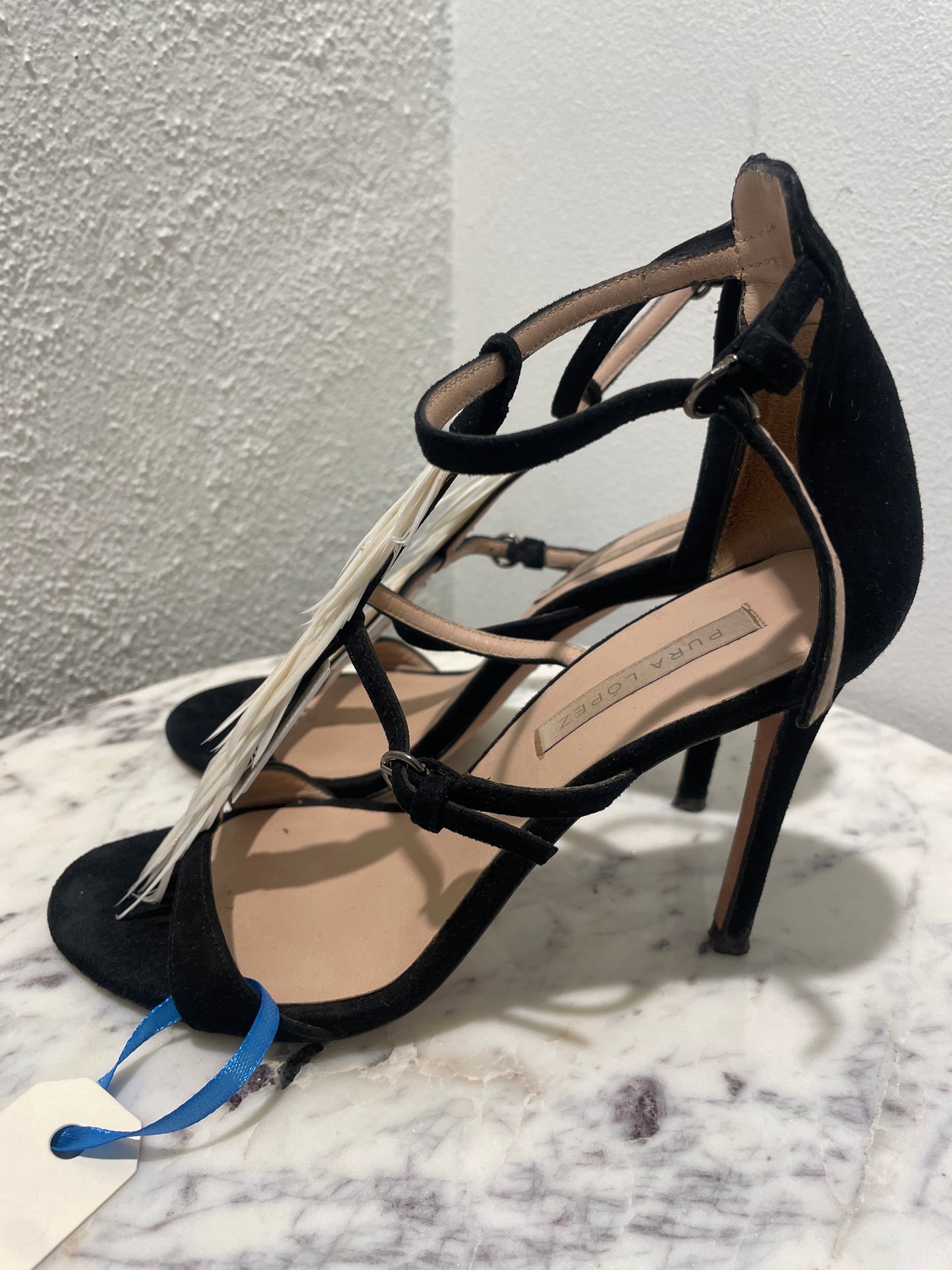 Pura López – Statement Black Suede Sandals with White Feather Detail - 37