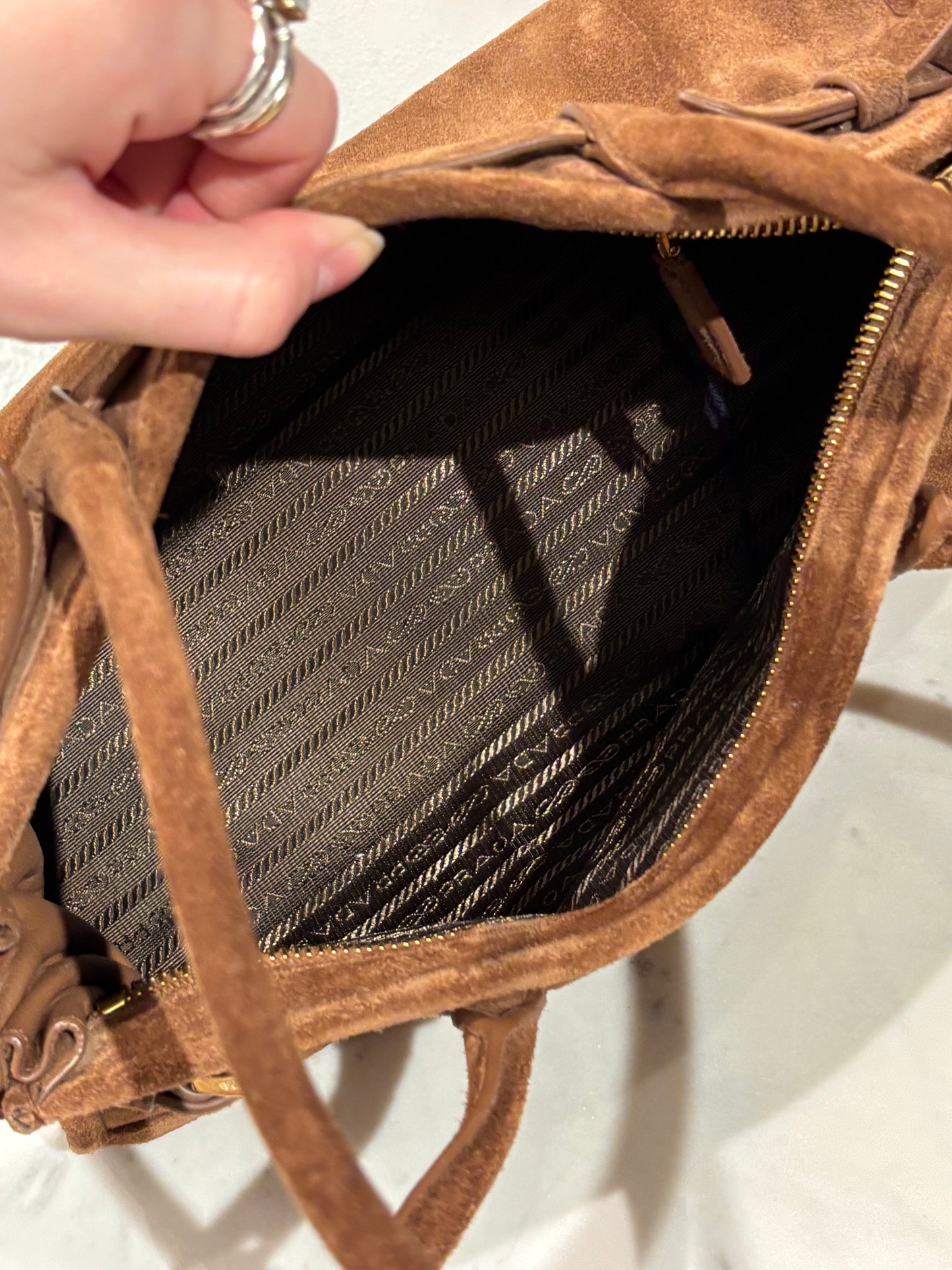 Prada - Suede Triangle Medium Bonnie - Cinnamon - Medinas Wardrobe