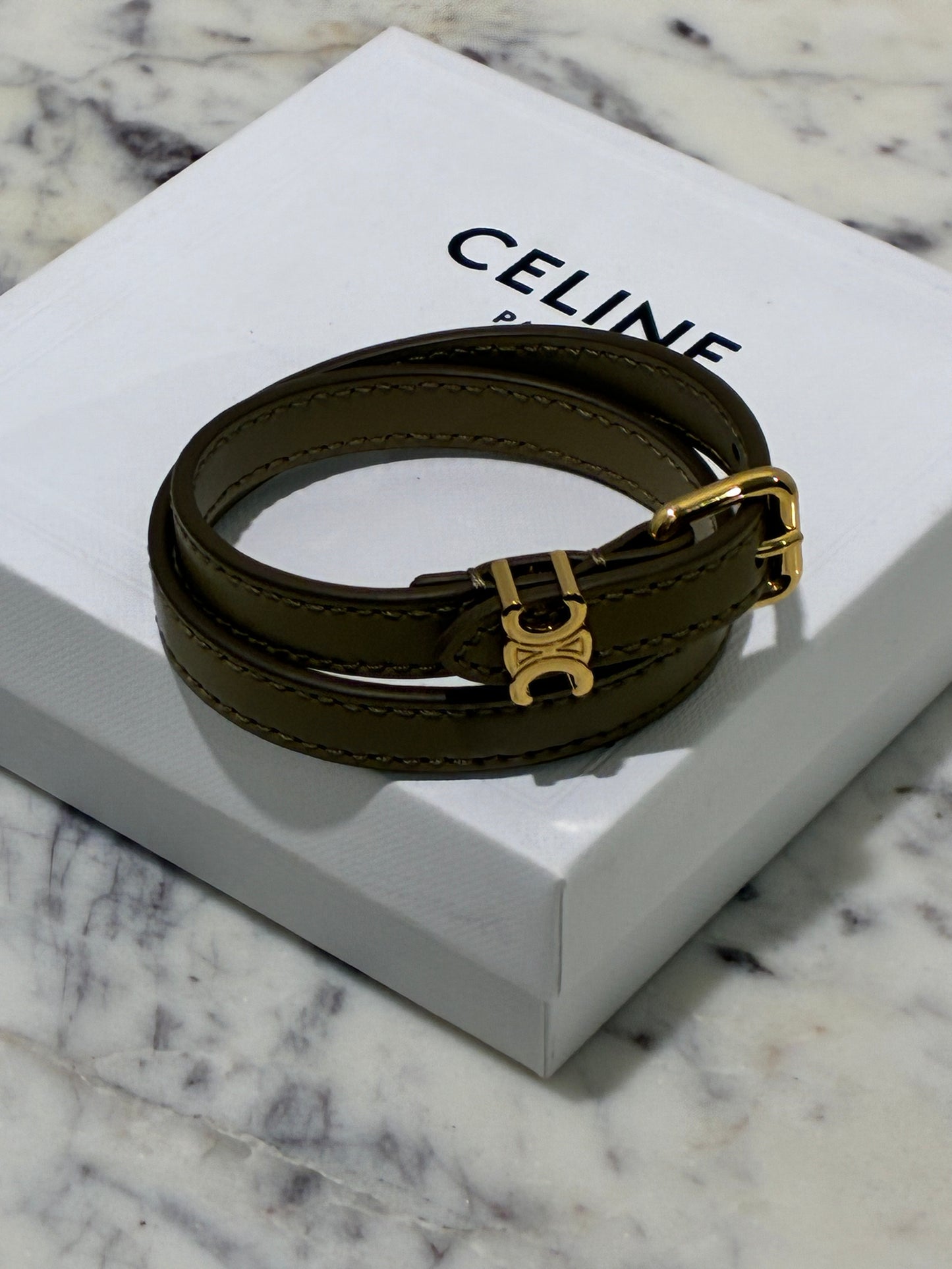 Celine Triomphe Bracelet - Olive Green & Gold Logo Hardware