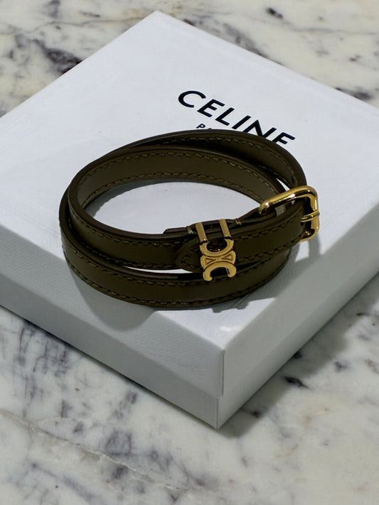 Celine Triomphe Bracelet - Olive Green & Gold Logo Hardware
