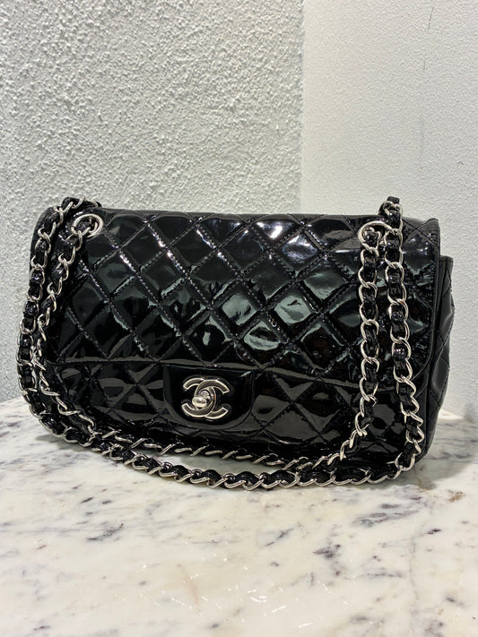 Chanel Medium Single Flap – Black Patent Leather & Silver Hardware