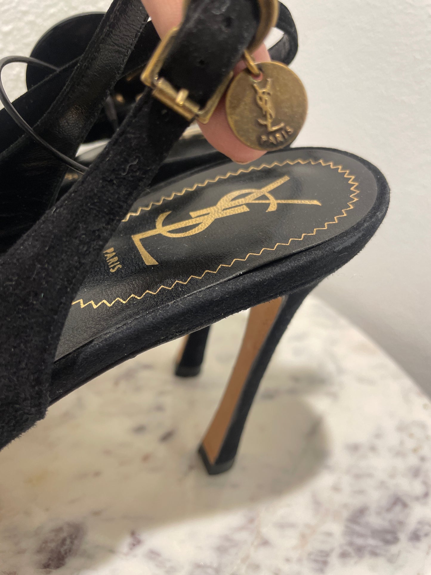 Vintage Yves Saint Laurent YSL Black Suede & Patent Leather Slingback Platform Heels - 39,5