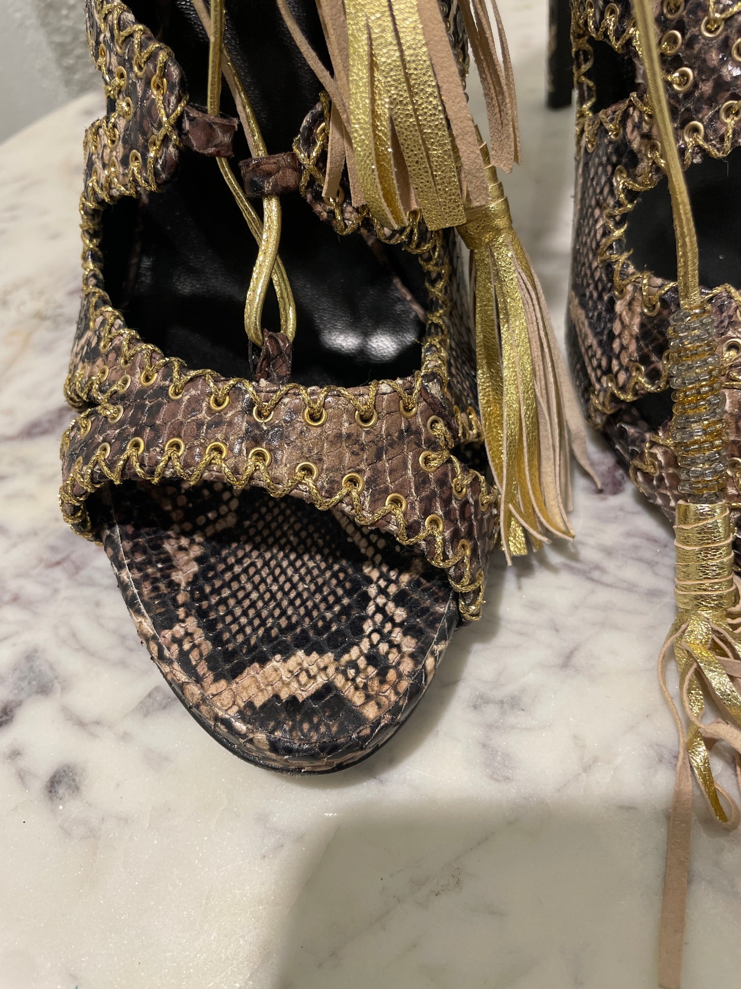 Roberto Cavalli Snakeskin Print Open-Toe Lace-Up Booties with Gold Tassels - 39