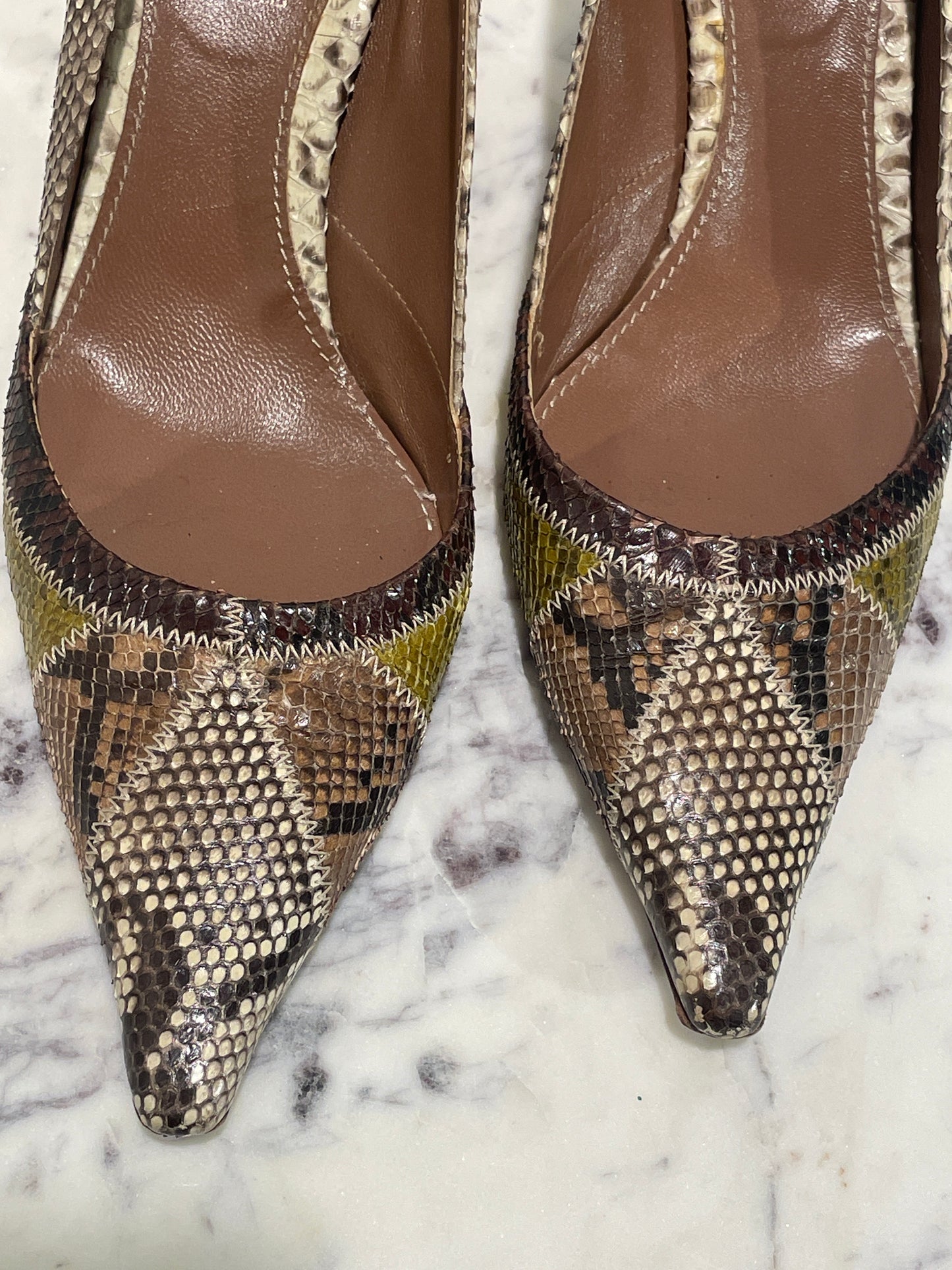 Vintage Prada Patchwork Genuine Python Leather Pointed-Toe Pumps  - 39