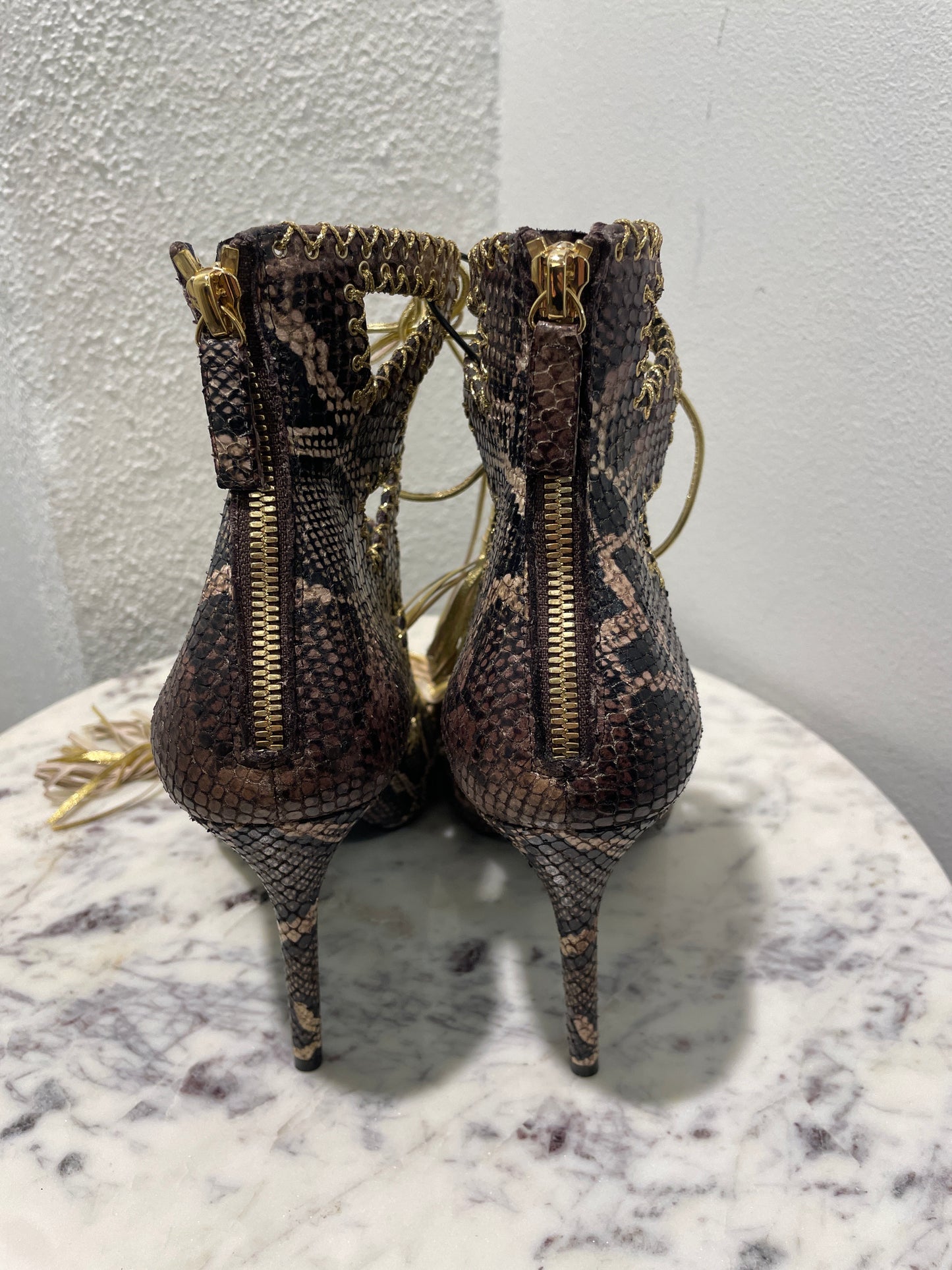 Roberto Cavalli Snakeskin Print Open-Toe Lace-Up Booties with Gold Tassels - 39