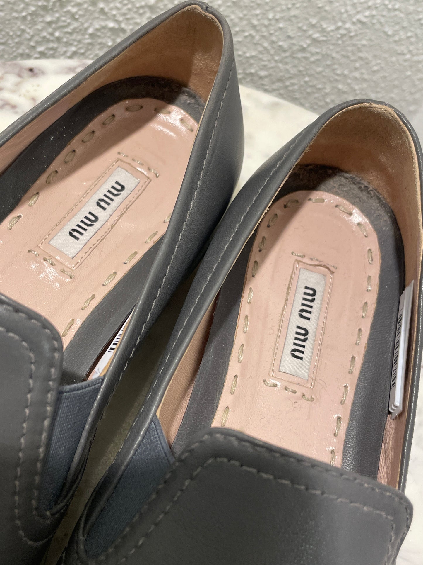 Authentic Miu Miu Grey Leather Metal Cap-Toe Slip-On Sneakers - 39