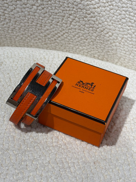 Hermés Bracelet - Orange Leather & H Lock in Silver