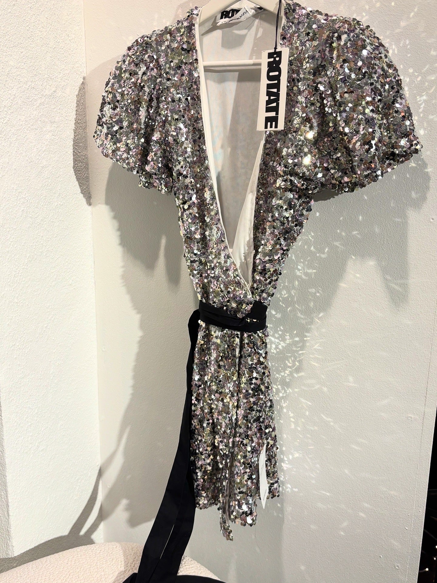 Rotate Sequin Dress – Silver with Black Belt - Size S