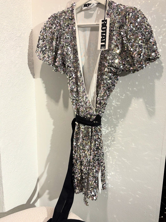Rotate Sequin Dress – Silver with Black Belt - Size S