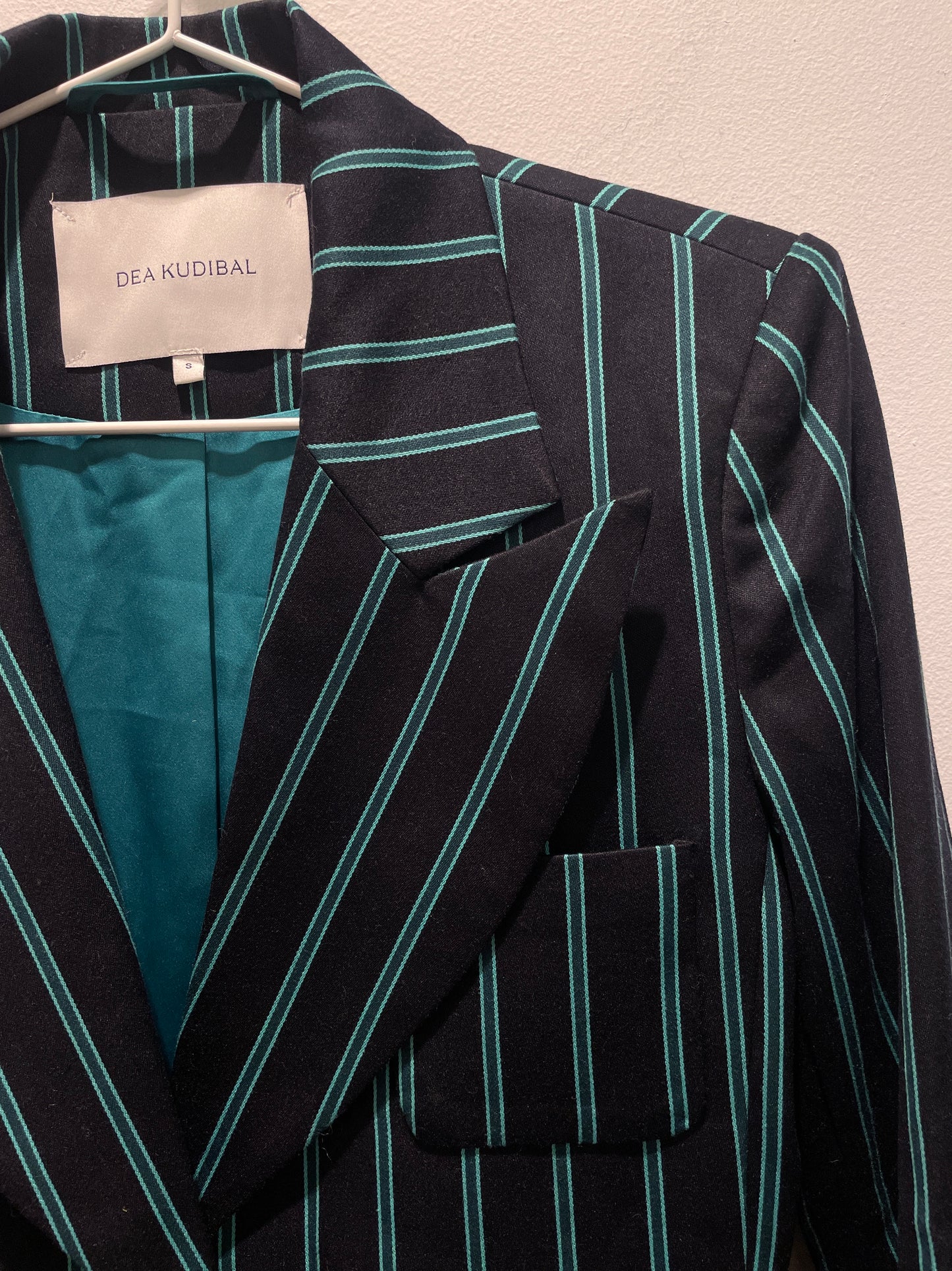 Dea Kudibal — Tailored Black Blazer with Teal Green Pinstripes - S