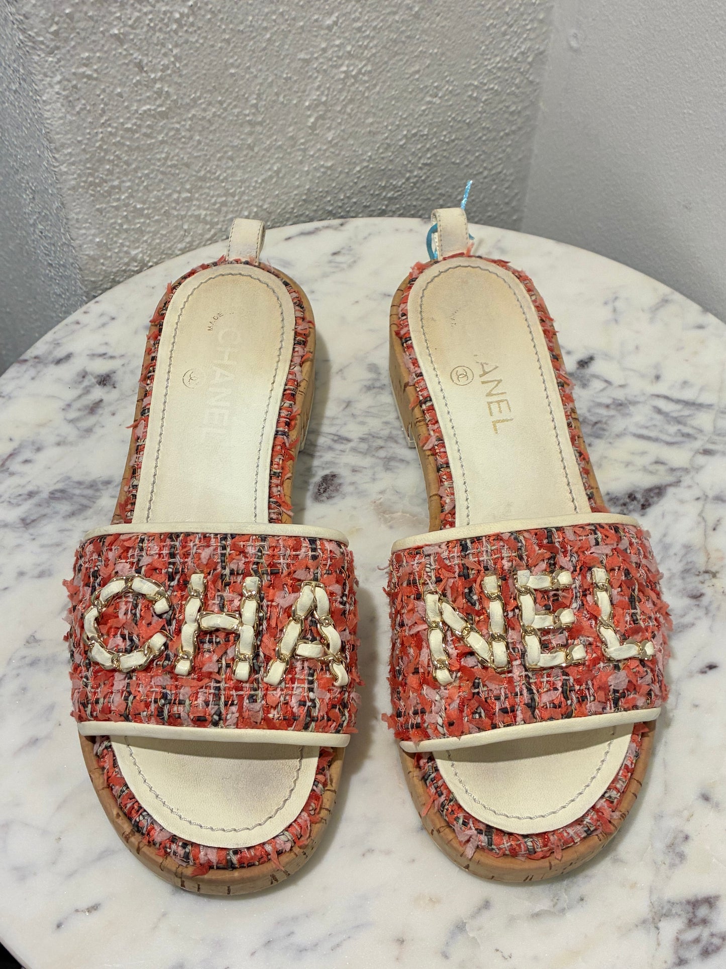 Chanel Tweed Mules – Pink with Chain Logo text – EU 40