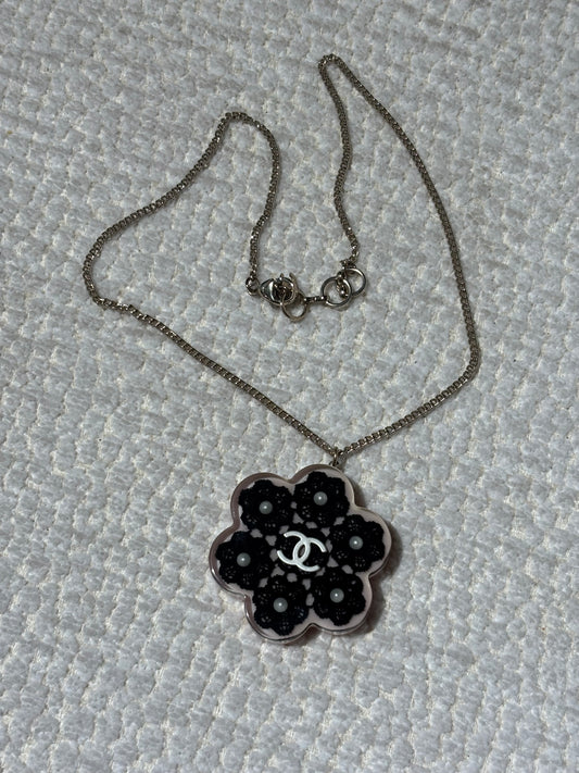 Chanel Camellia Necklace – Soft Pink Resin with Pearl Details