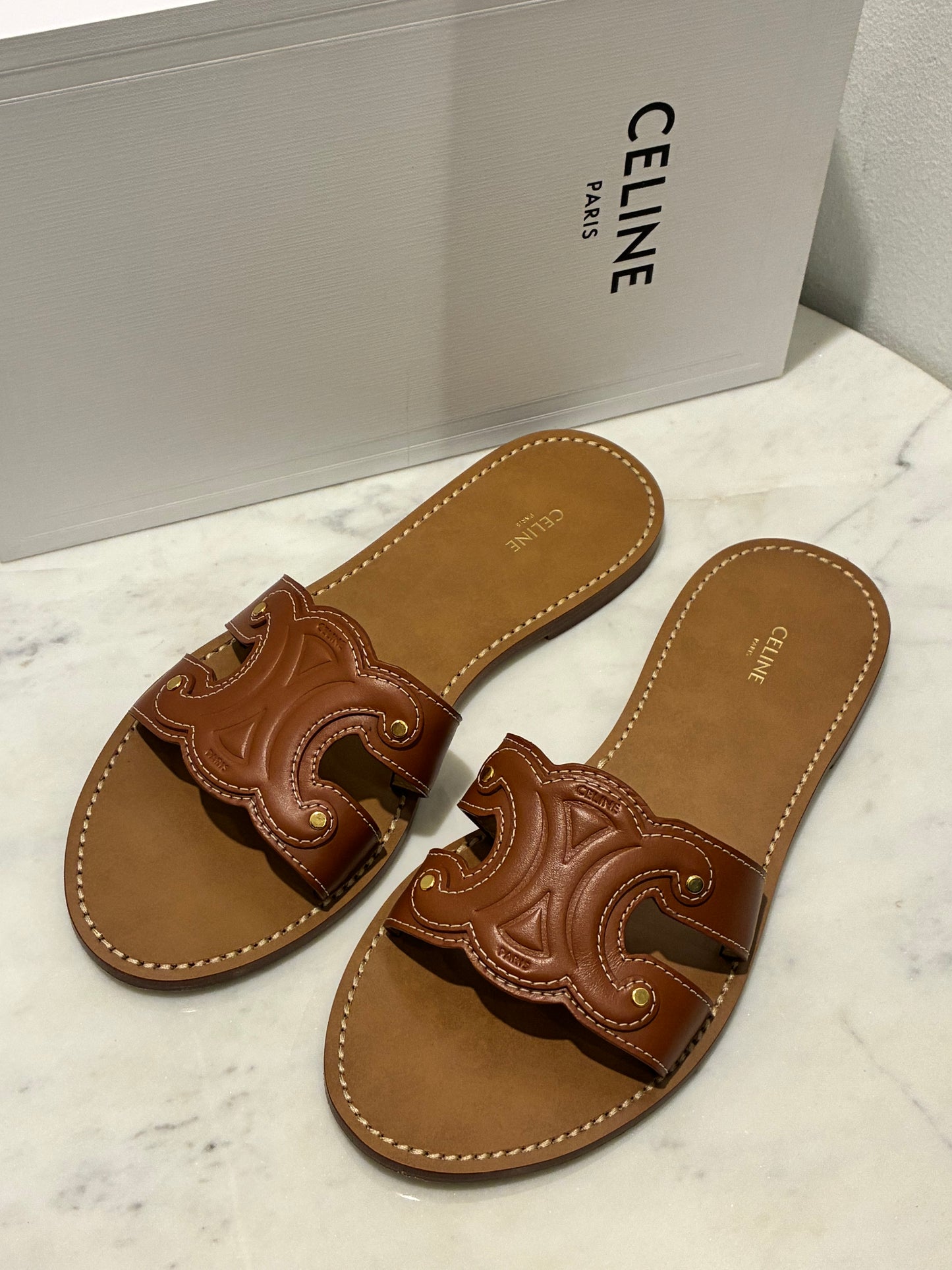 Celine Triomphe Sandals
 – Tan Leather - Size 40