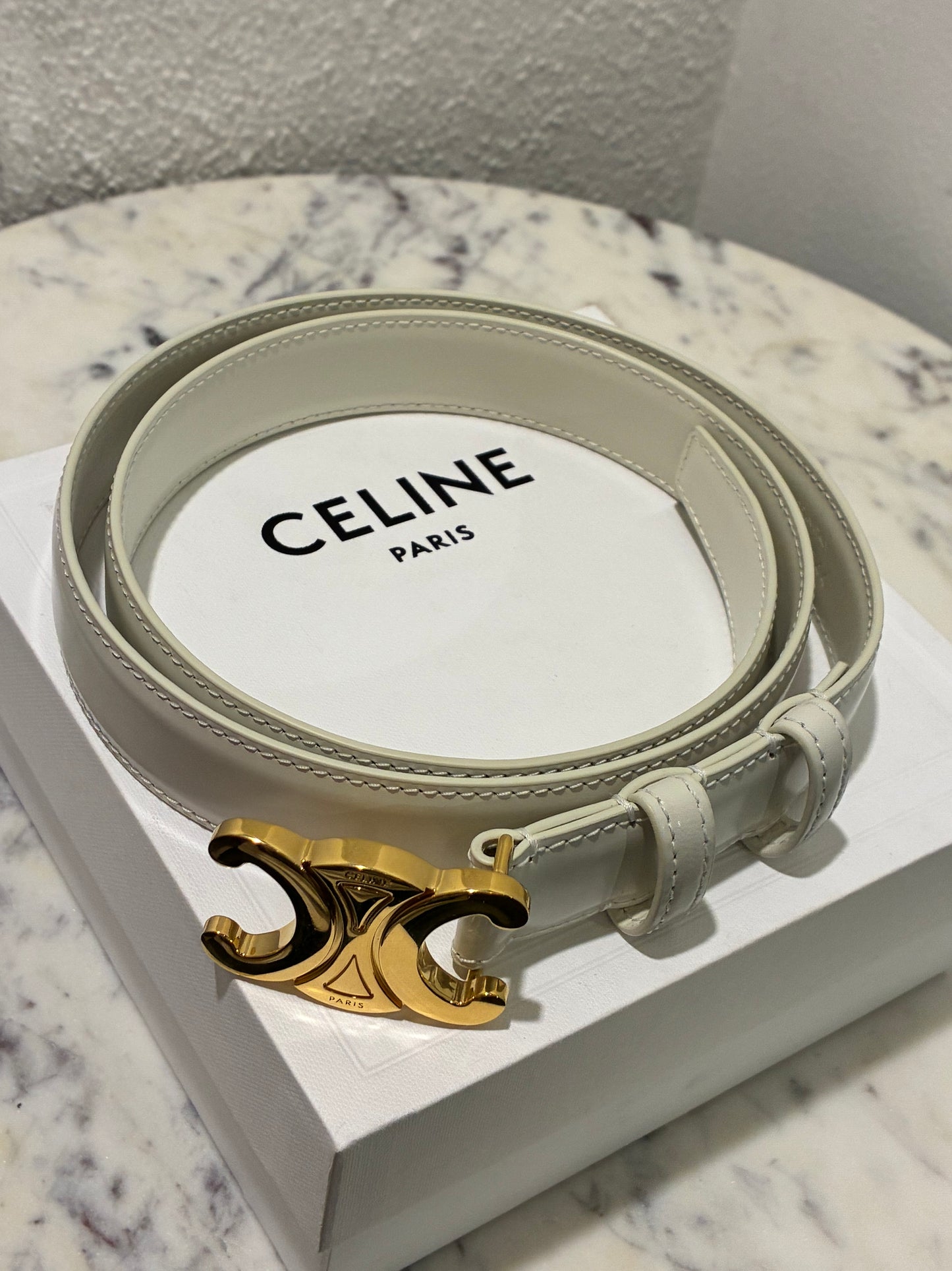 Celine Belt – Triomphe Belt in Cream Leather & Gold Hardware Size 85