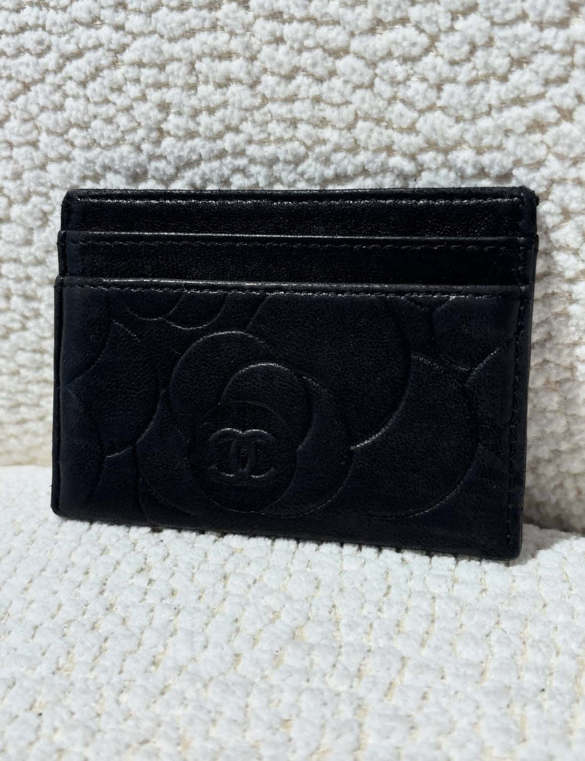 Chanel Cardholder - Camelia - Black Lamsbkin & Silver Logo
